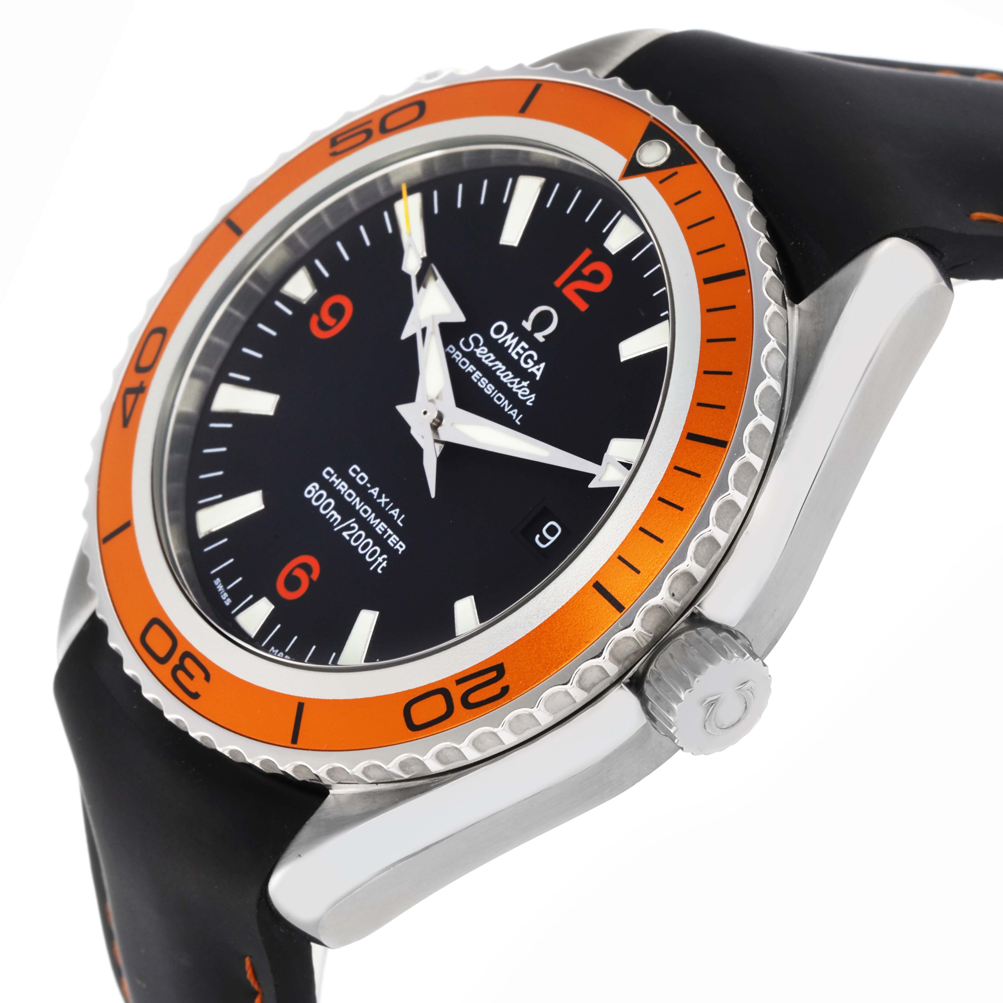 The Omega Planet Ocean 2908.50.38 Men
s Stainless Steel Black Dial 2908.50.38 Men
s Stainless Steel Black Dial watch is shown at an angled view highlighting the bezel, dial, crown, and part of the strap.