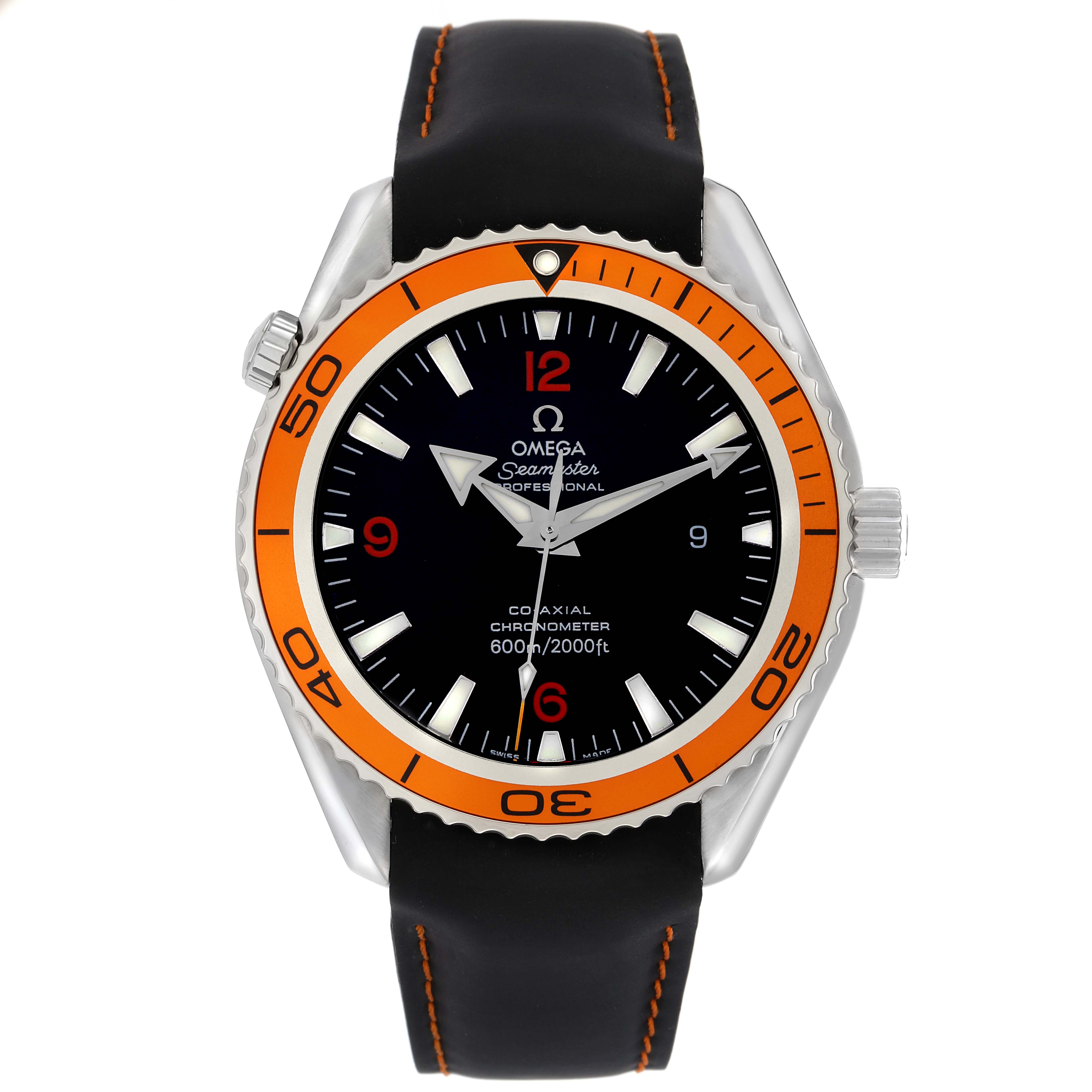 The Omega Planet Ocean 2908.50.38 Men
s Stainless Steel Black Dial 2908.50.38 Men
s Stainless Steel Black Dial watch is shown from the front, displaying the face, orange bezel, crown, and black strap.