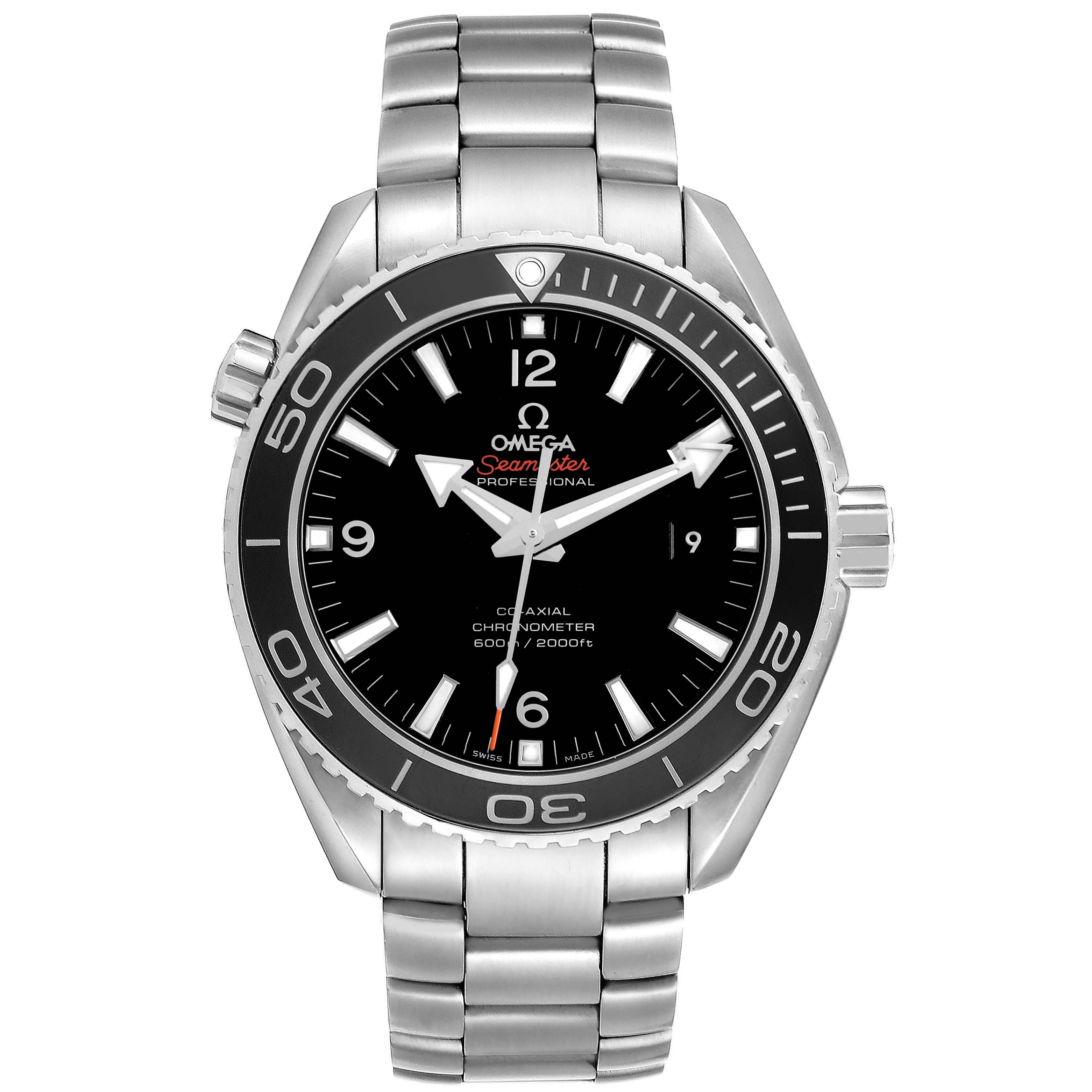 The Omega Planet Ocean 232.30.46.21.01.001 Men's Stainless Steel Black Dial watch is shown from the front, highlighting the dial, bezel, and stainless steel bracelet.