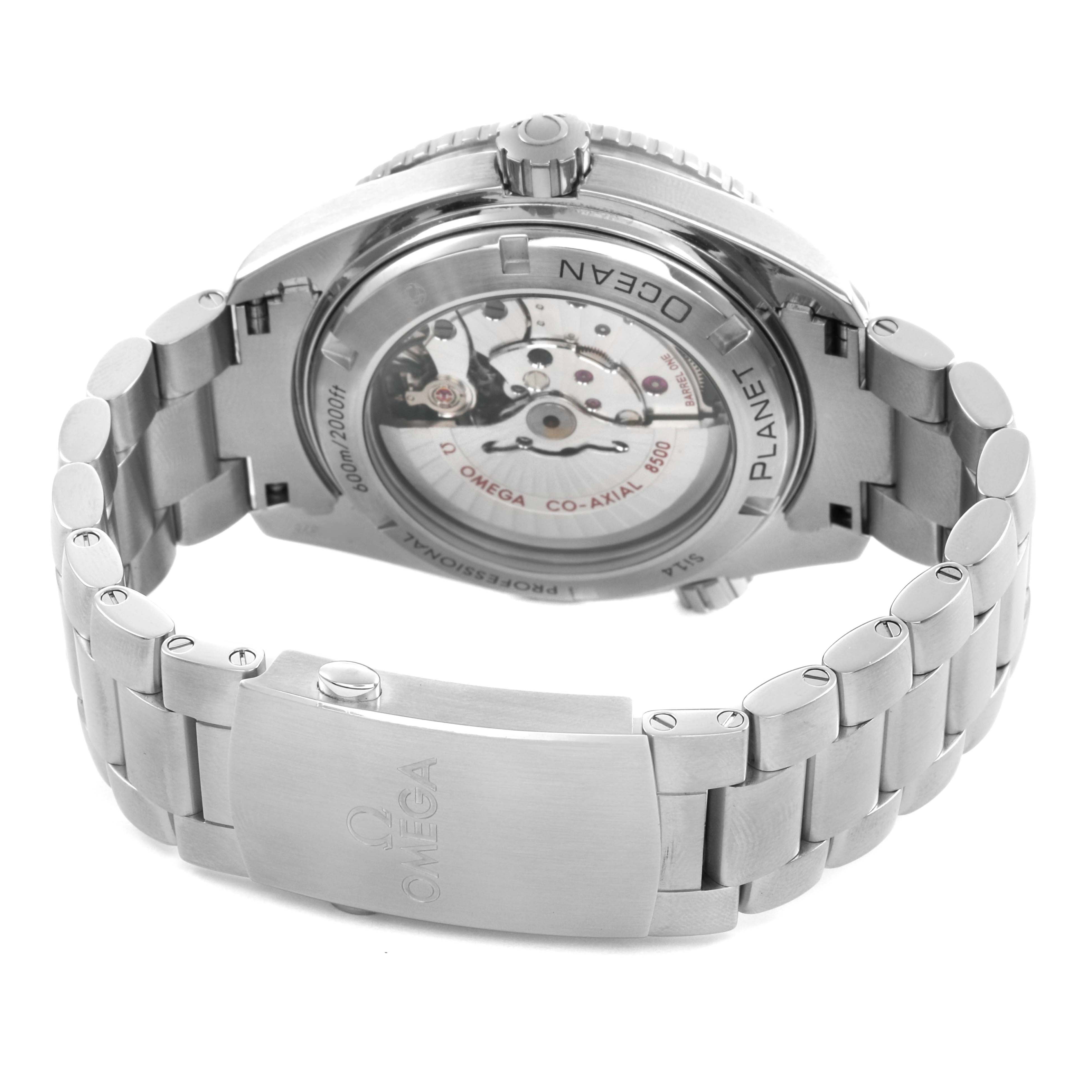 The Omega Planet Ocean 232.30.46.21.01.001 Men's Stainless Steel Black Dial is shown from the back, highlighting the movement and metal bracelet.