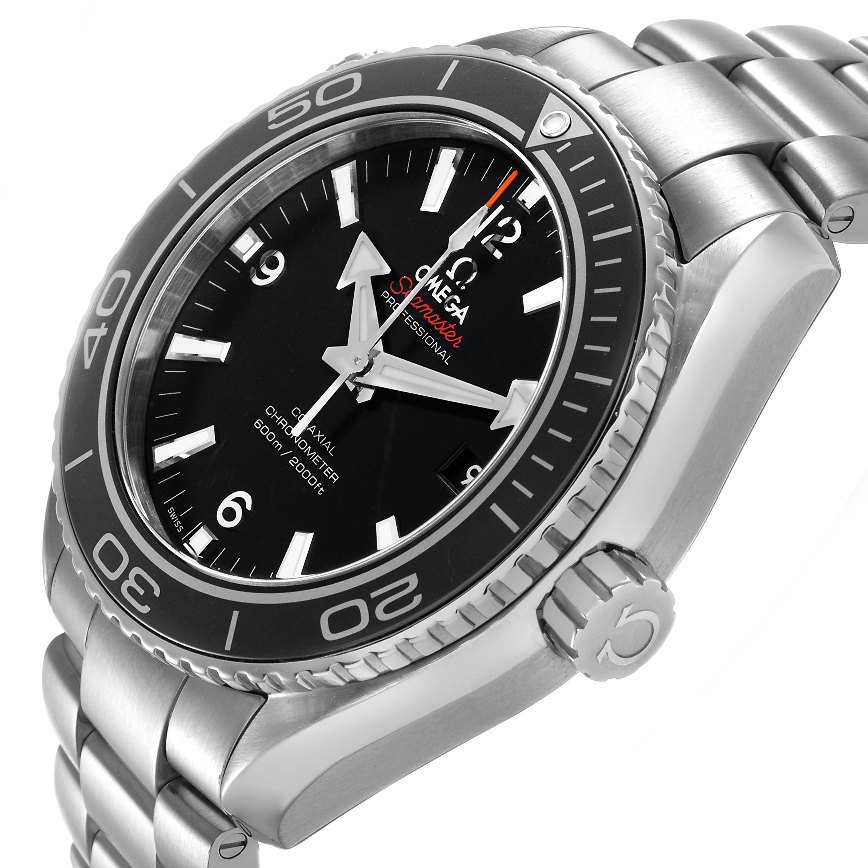 The Omega Planet Ocean 232.30.46.21.01.001 Men's Stainless Steel Black Dial watch is shown at an angled close-up, highlighting the dial, bezel, crown, and bracelet.