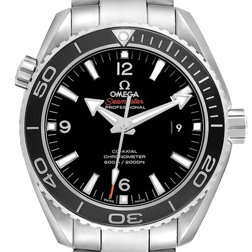 The Omega Planet Ocean 232.30.46.21.01.001 Mens Stainless Steel Black Dial watch is shown from a front angle, displaying the dial, bezel, and part of the bracelet.