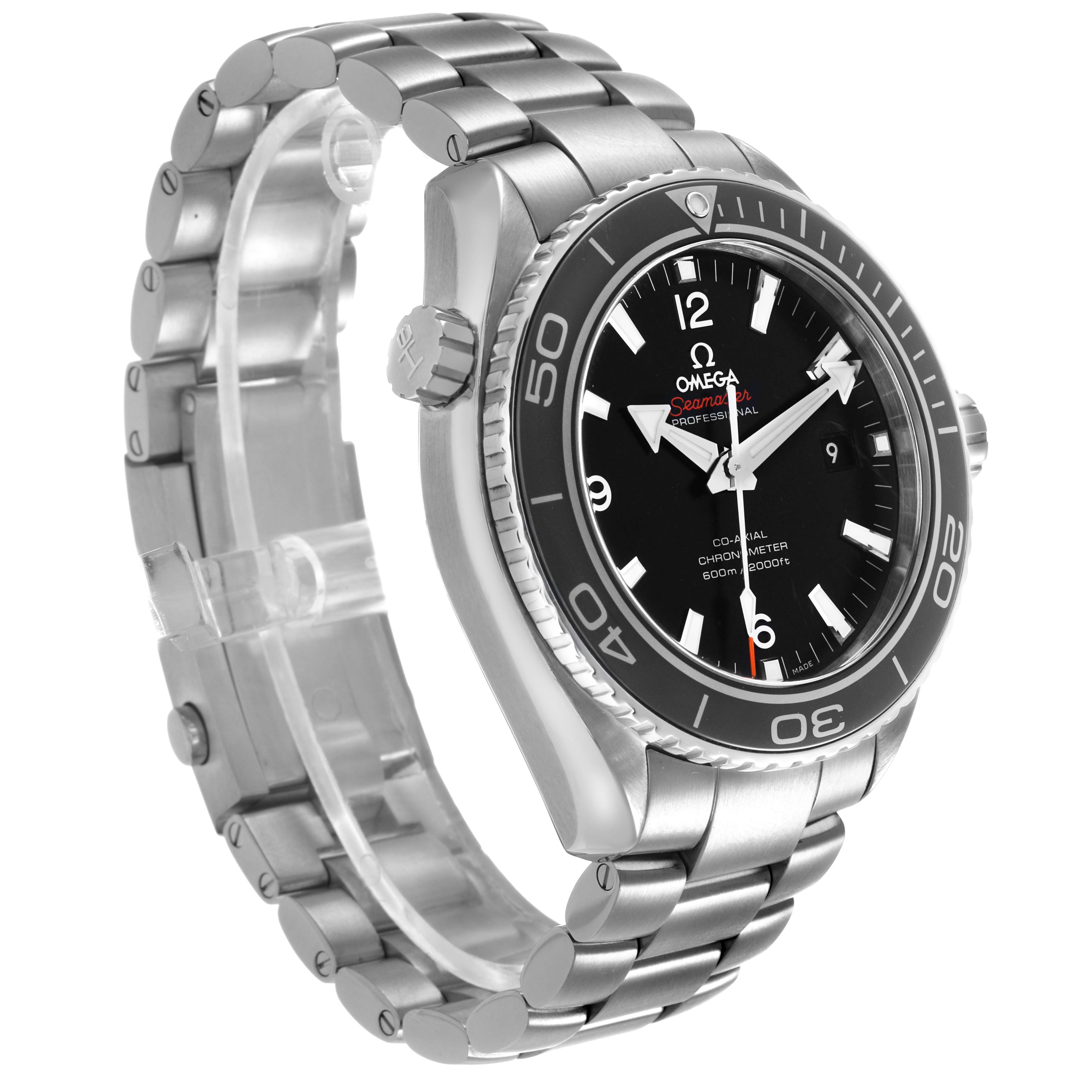 The Omega Planet Ocean 232.30.46.21.01.001 Men's Stainless Steel Black Dial watch is shown in a three-quarter angle, revealing the dial, bezel, crown, case, and bracelet.