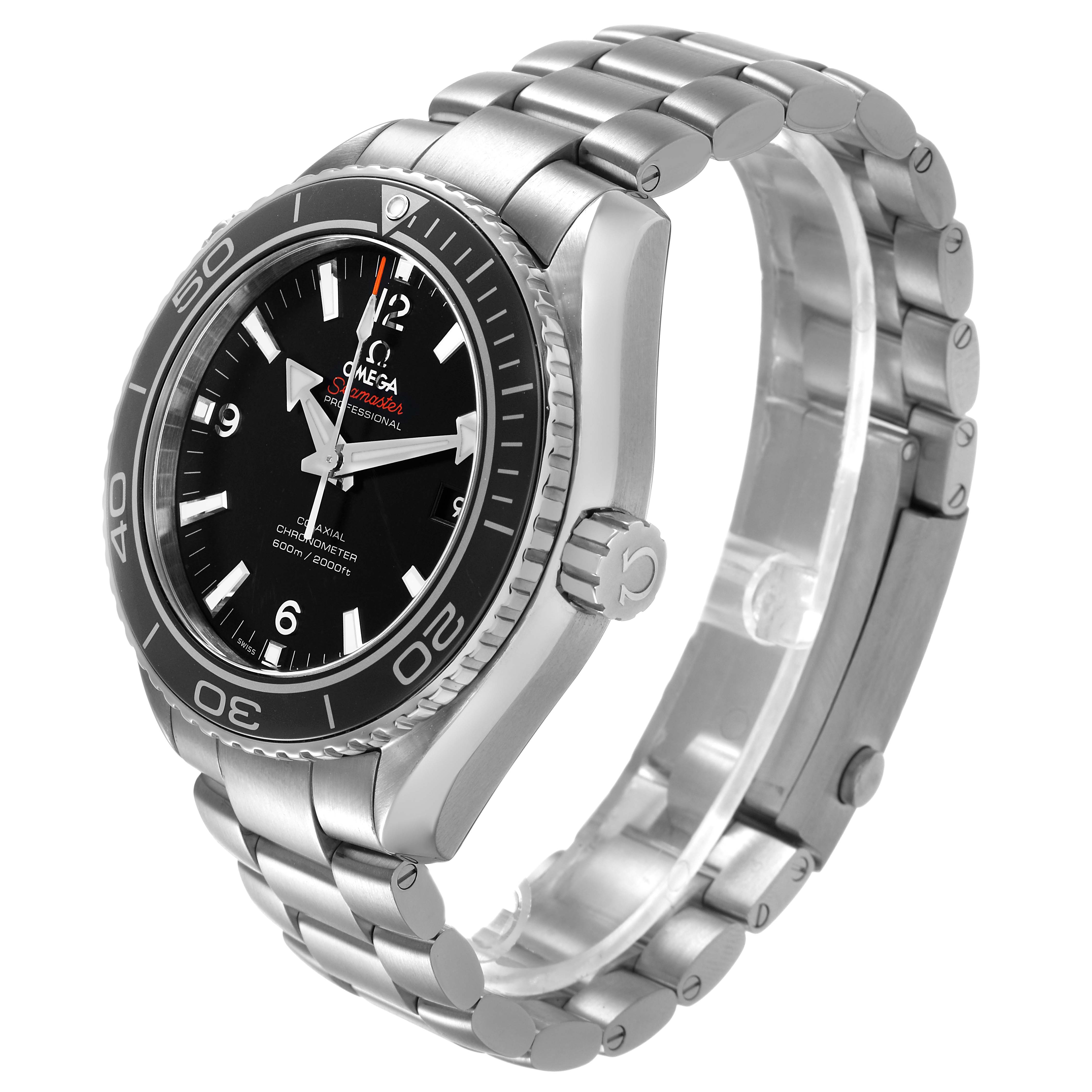 The Omega Planet Ocean 232.30.46.21.01.001 Men's Stainless Steel Black Dial watch is shown at a three-quarter angle, highlighting the dial, bezel, crown, and stainless steel bracelet.