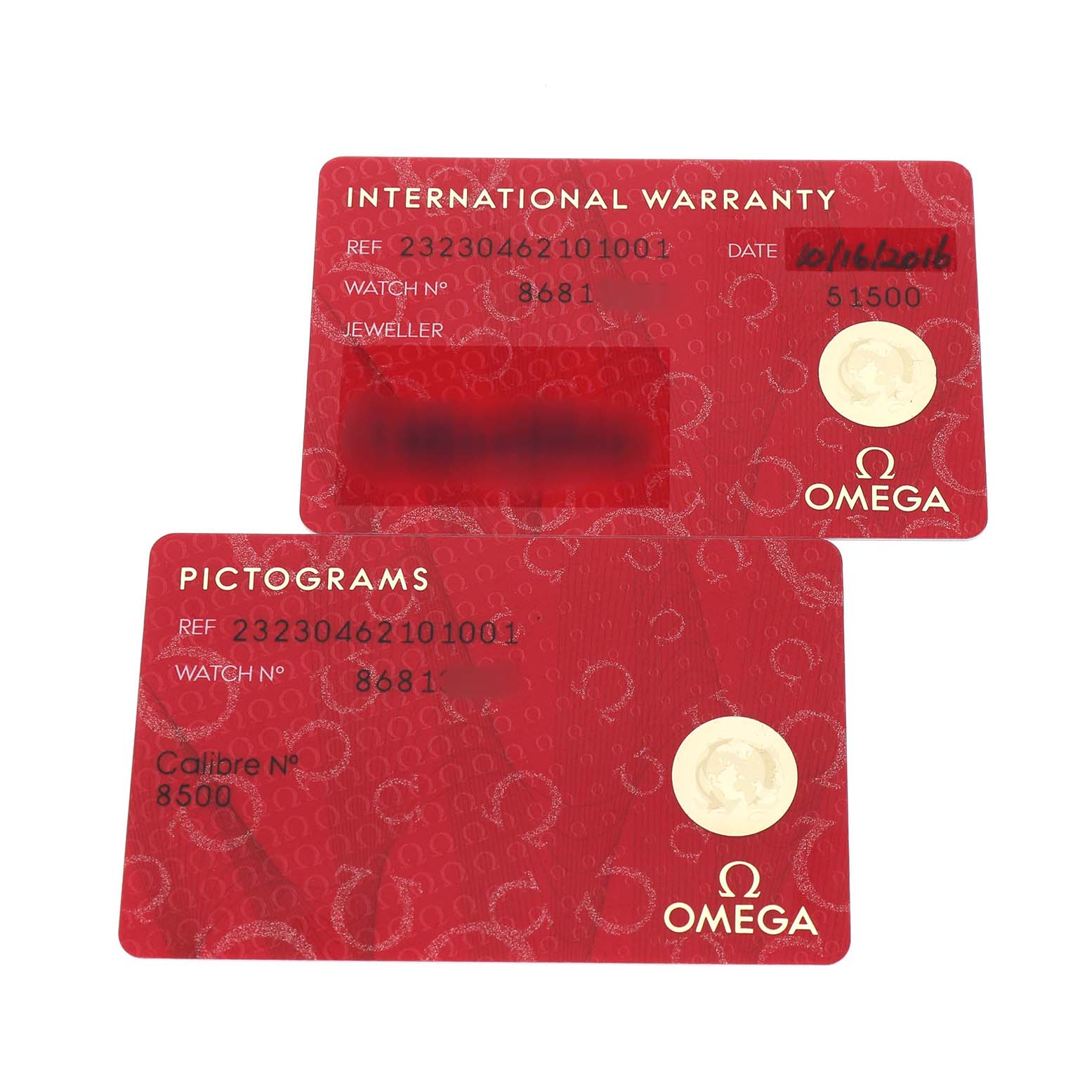The image shows the International Warranty and Pictograms cards for the Omega Planet Ocean 232.30.46.21.01.001 Men's Stainless Steel Black Dial watch, displayed side by side.