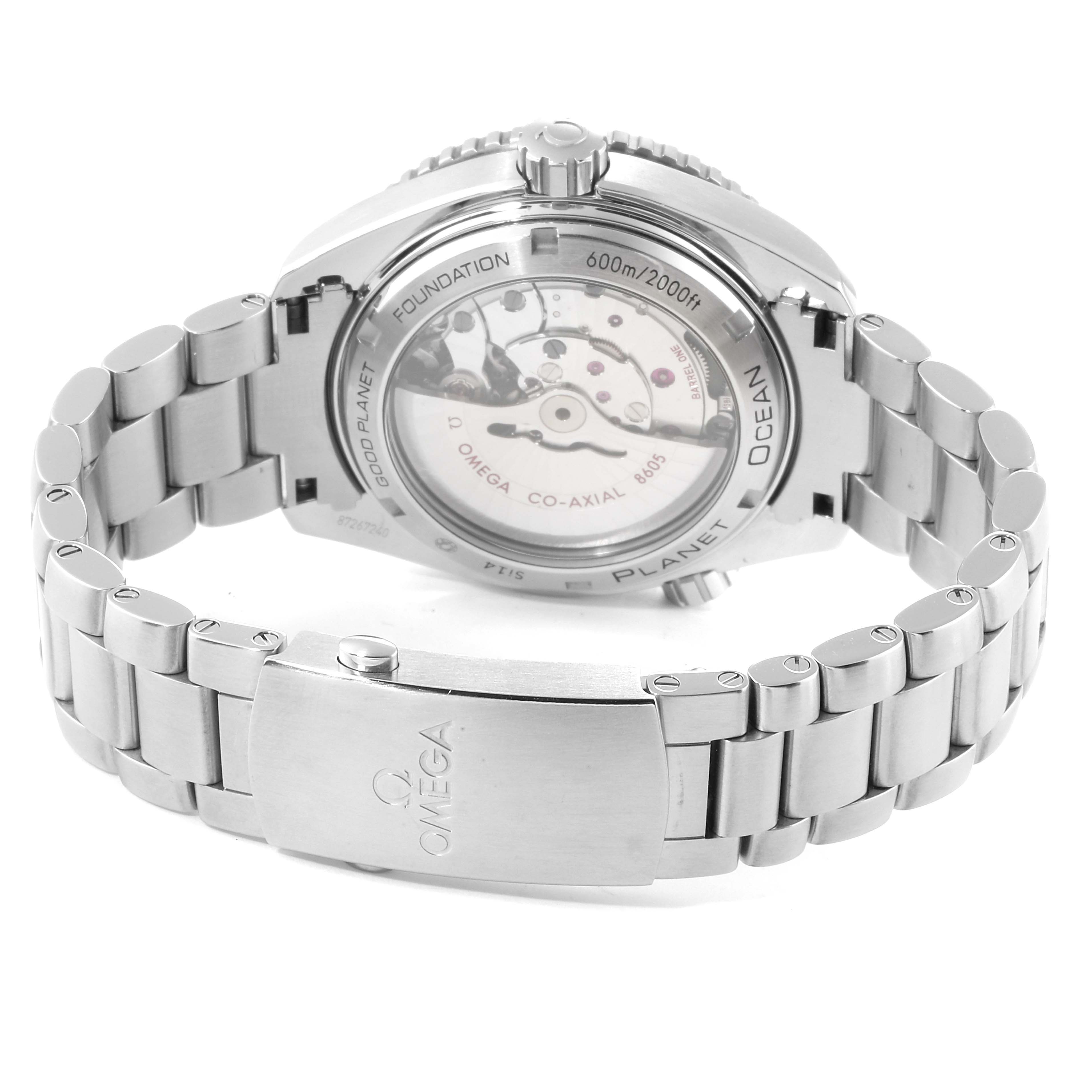 The image shows the back and stainless steel bracelet of the Omega Planet Ocean 232.30.44.22.03.001 Men
s Stainless Steel Blue Dial 232.30.44.22.03.001 Men
s Stainless Steel Blue Dial watch, highlighting its transparent case back.