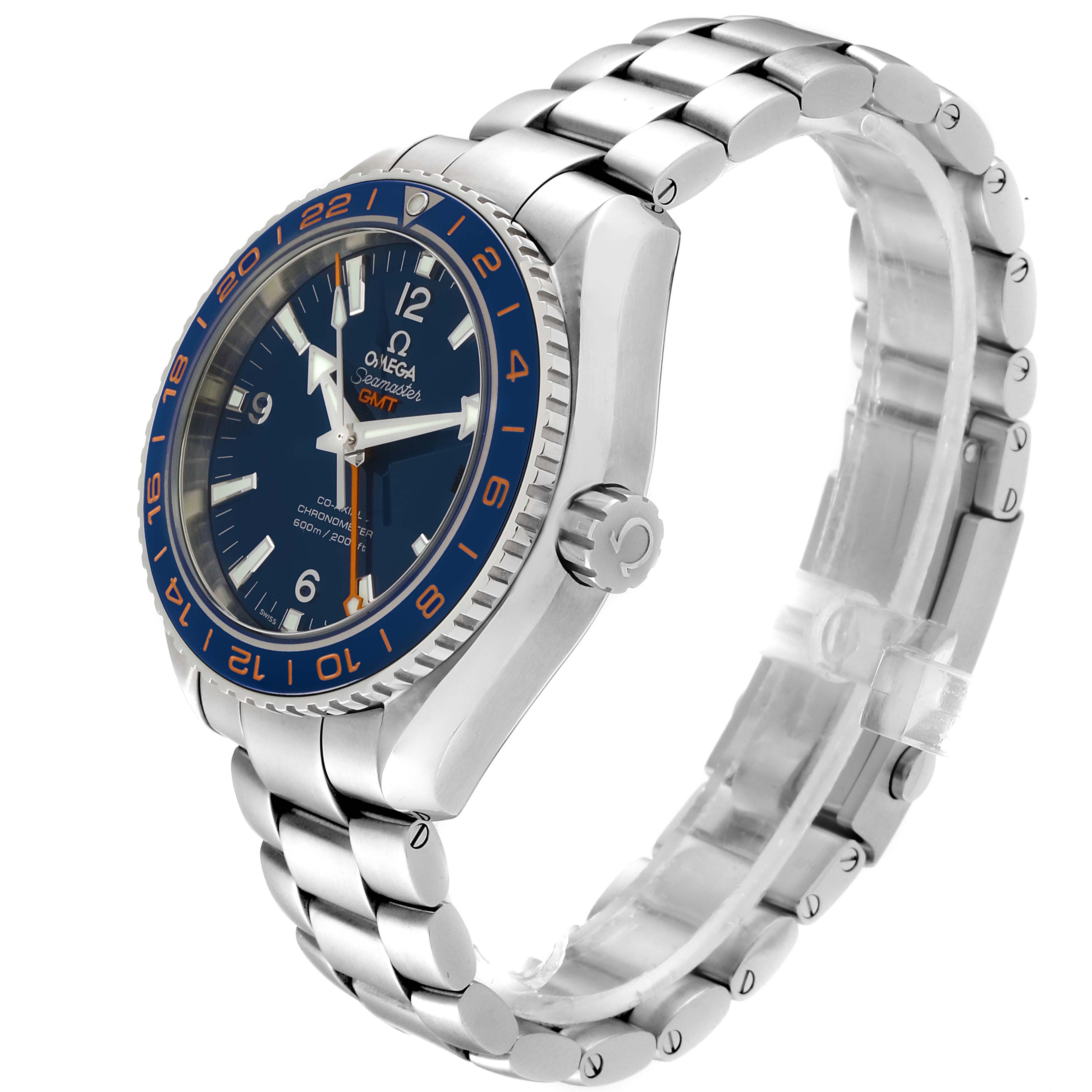 The image shows a side and partial front view of the Omega Planet Ocean 232.30.44.22.03.001 Men
s Stainless Steel Blue Dial 232.30.44.22.03.001 Men
s Stainless Steel Blue Dial watch, highlighting its face, crown, and bracelet.