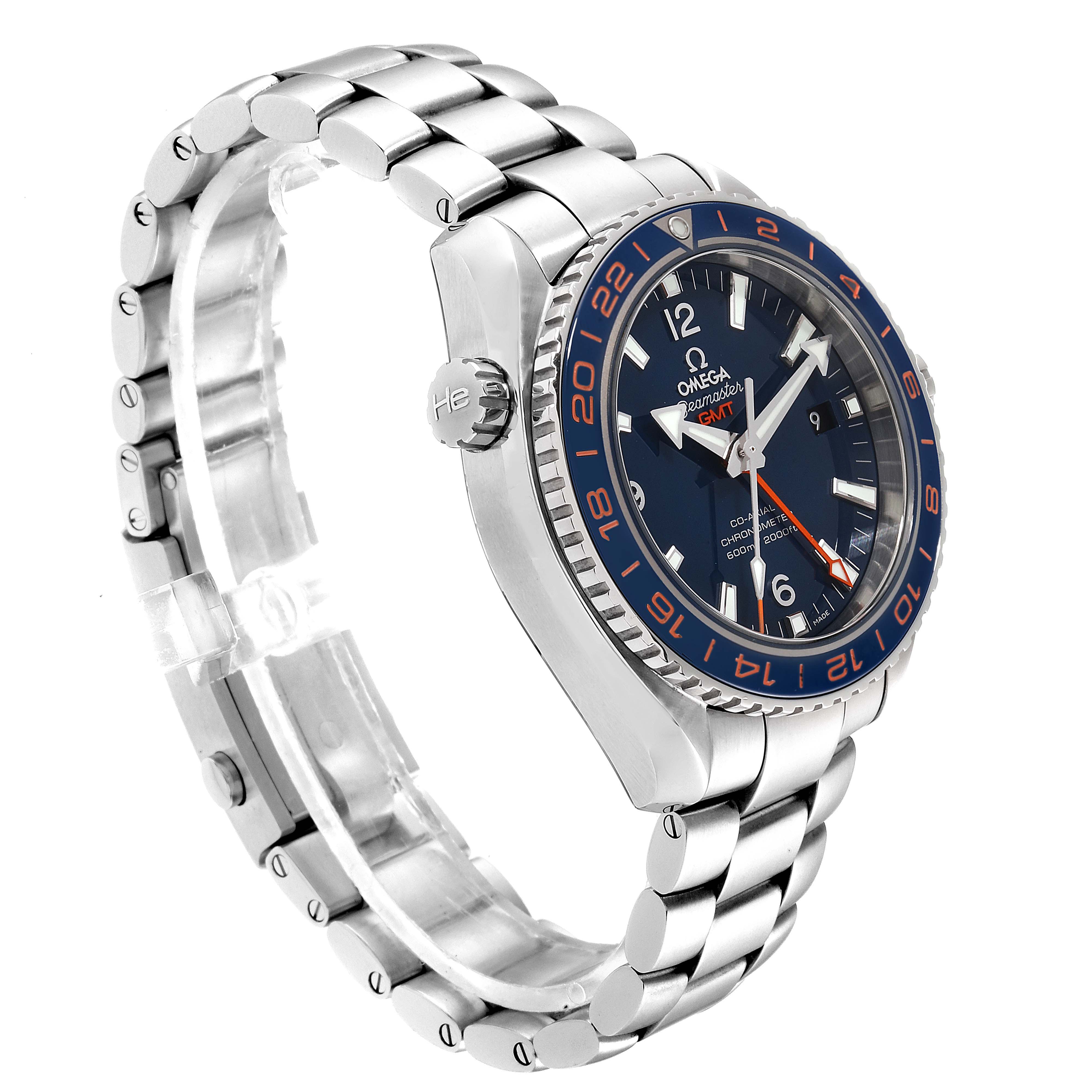 The image shows a side angle of the Omega Planet Ocean 232.30.44.22.03.001 Men
s Stainless Steel Blue Dial 232.30.44.22.03.001 Men
s Stainless Steel Blue Dial watch, highlighting its face, bezel, crown, and stainless steel bracelet.