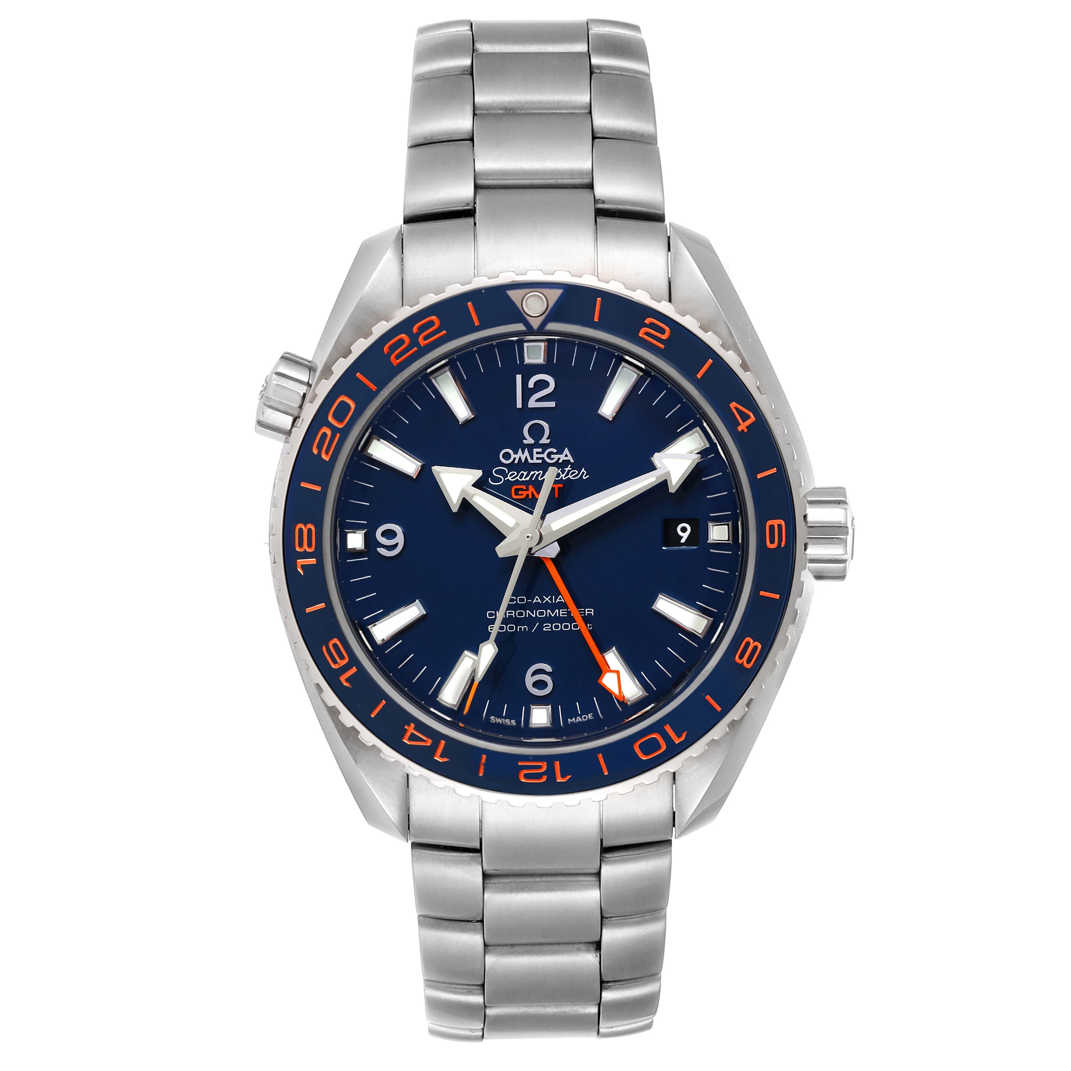 The image shows a front view of the Omega Planet Ocean 232.30.44.22.03.001 Men
s Stainless Steel Blue Dial 232.30.44.22.03.001 Men
s Stainless Steel Blue Dial watch, displaying its stainless steel bracelet, dial, and bezel.