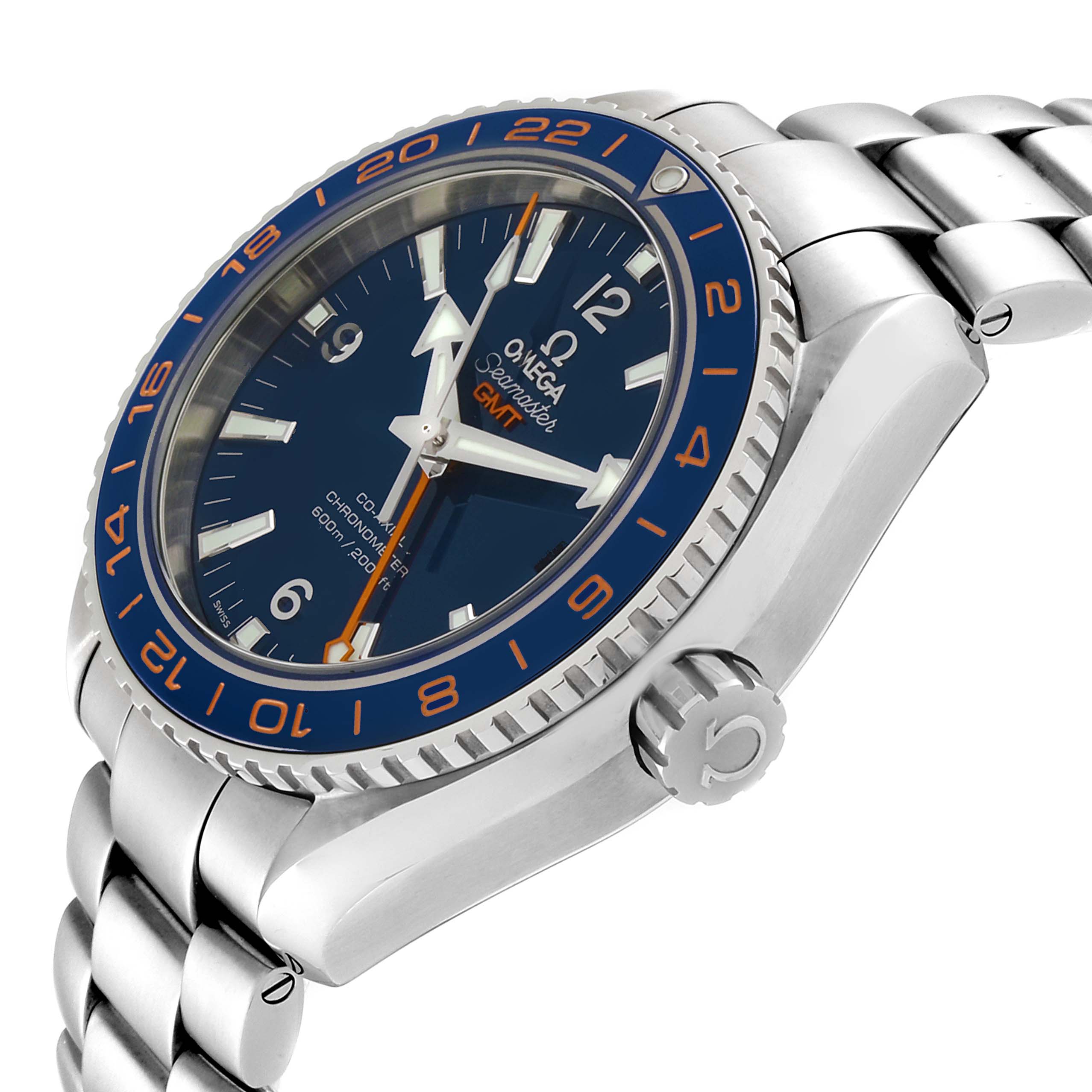 The image shows a close-up angled view of the Omega Planet Ocean 232.30.44.22.03.001 Men
s Stainless Steel Blue Dial 232.30.44.22.03.001 Men
s Stainless Steel Blue Dial watch, highlighting the dial, bezel, and bracelet.