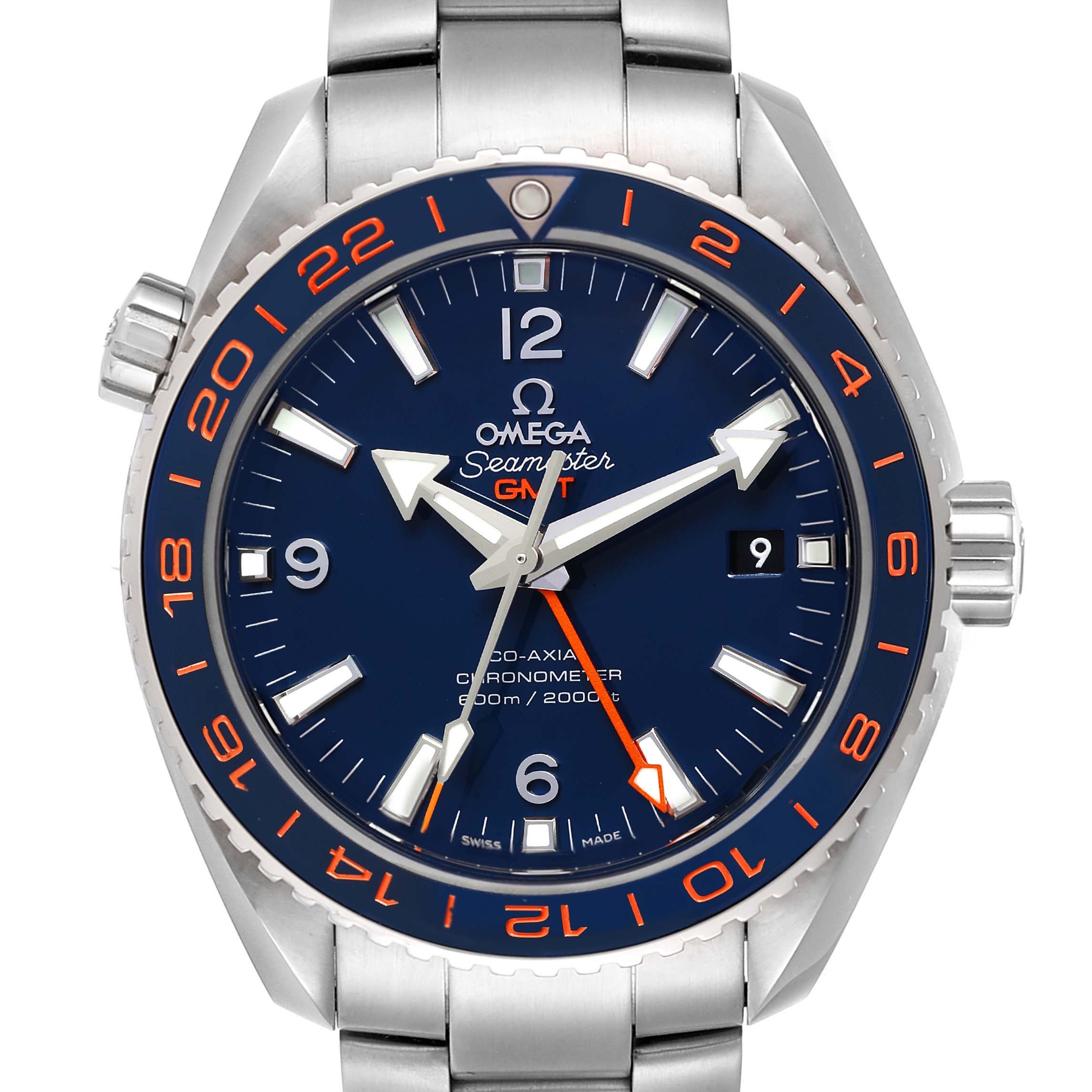 The image shows a front view of the Omega Planet Ocean 232.30.44.22.03.001 Men
s Stainless Steel Blue Dial 232.30.44.22.03.001 Men
s Stainless Steel Blue Dial Seamaster GMT watch, highlighting its face, bezel, and bracelet.