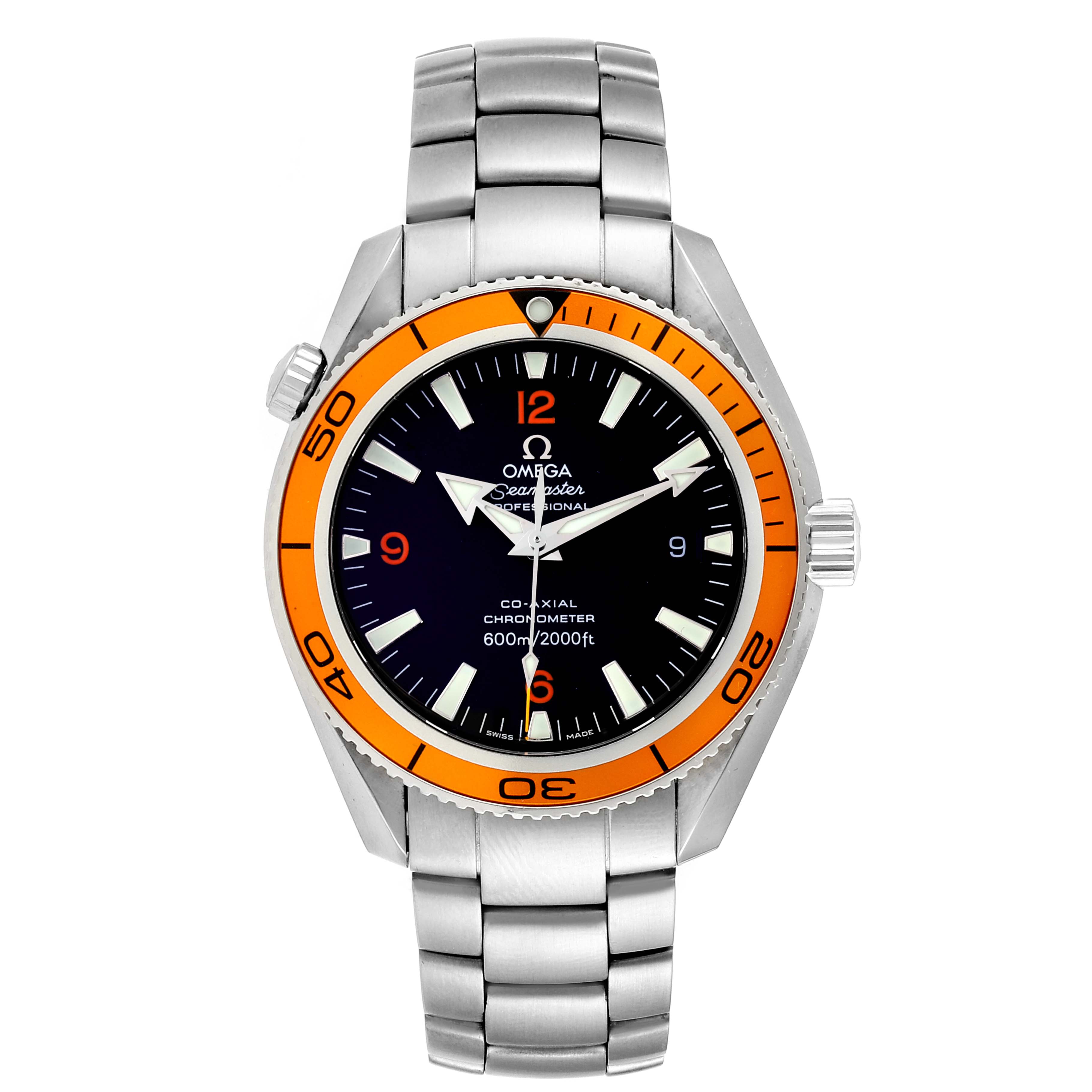 The image shows a front view of the Omega Seamaster 2209.50.00 Men
s Stainless Steel Black Dial 2209.50.00 Men
s Stainless Steel Black Dial watch, highlighting its orange bezel and stainless steel bracelet.