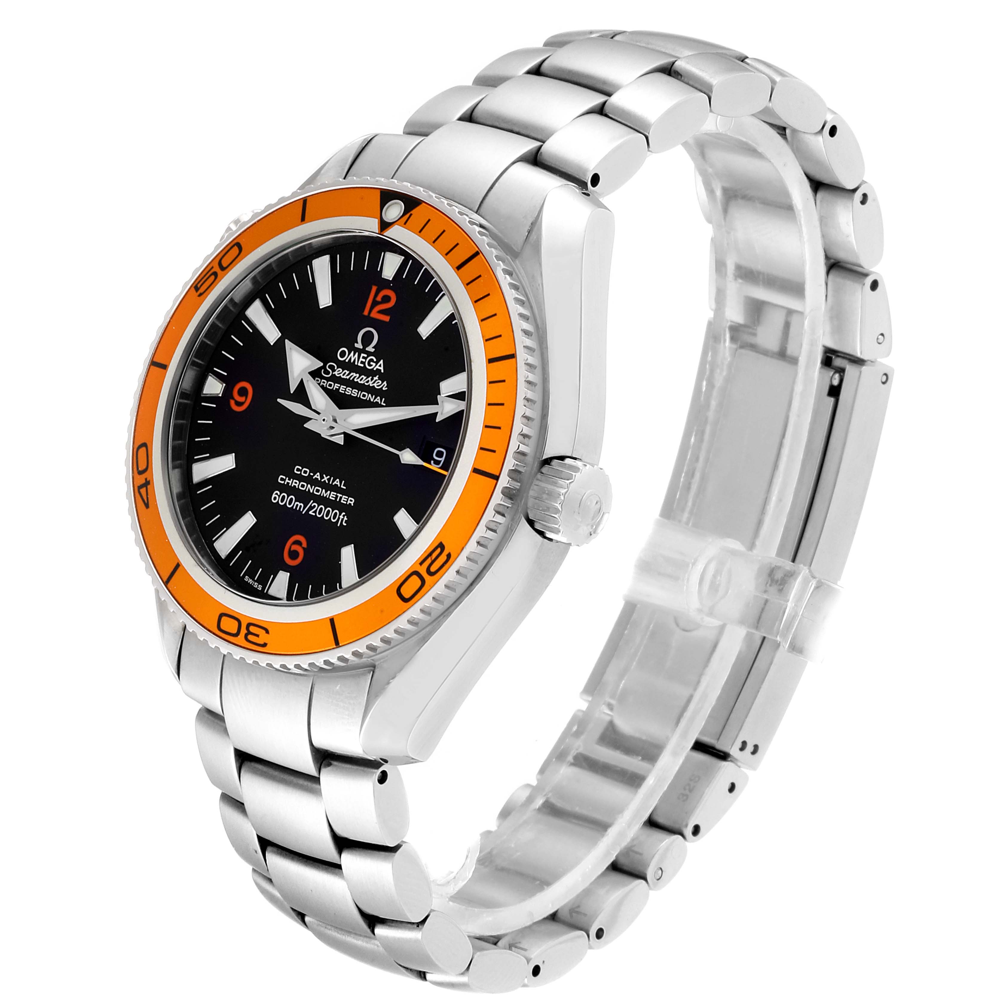This Omega Seamaster 2209.50.00 Men
s Stainless Steel Black Dial 2209.50.00 Men
s Stainless Steel Black Dial model is shown at an angle highlighting its orange bezel, black dial, crown, and metal bracelet.