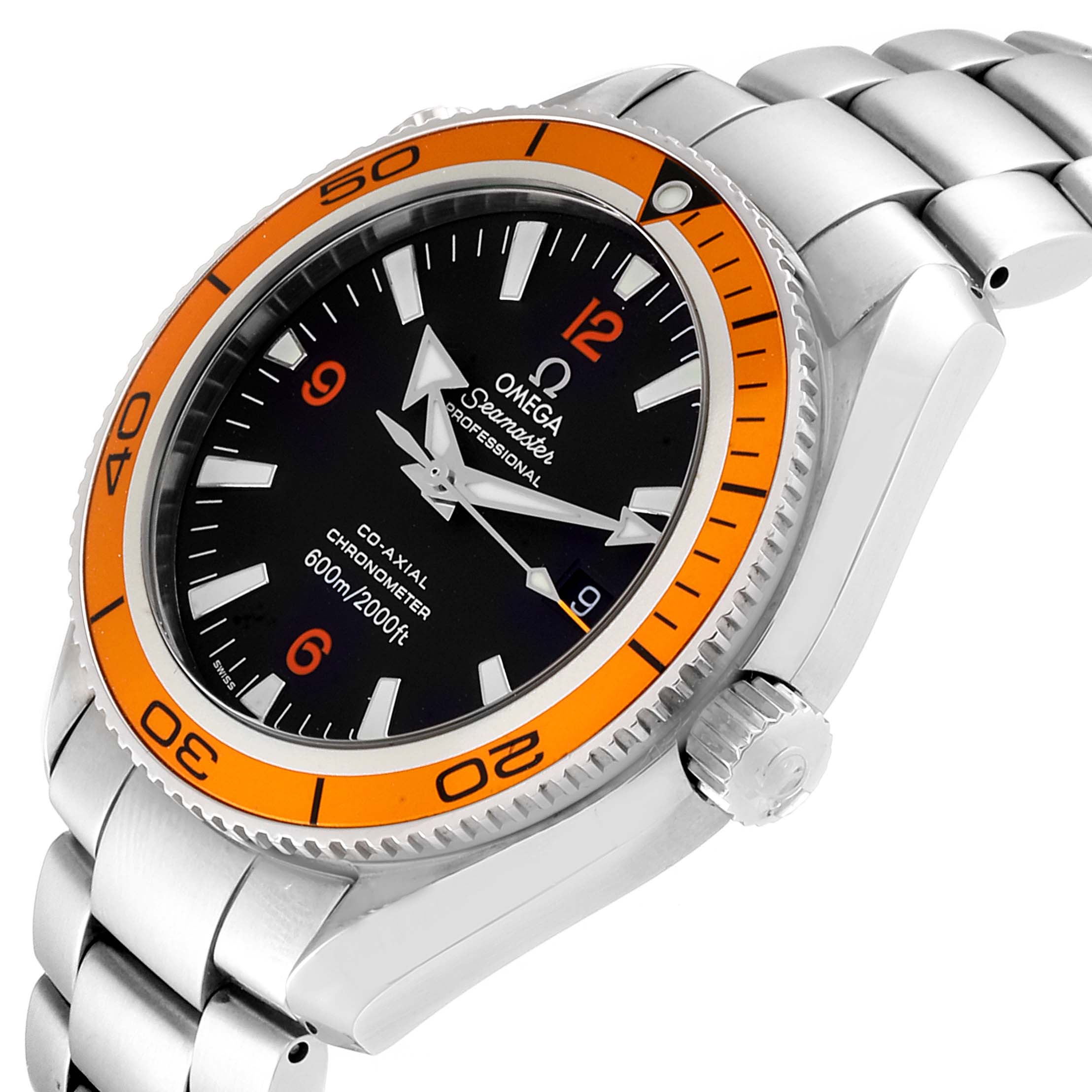 The Omega Seamaster 2209.50.00 Men
s Stainless Steel Black Dial 2209.50.00 Men
s Stainless Steel Black Dial watch is shown from an angled side view, displaying the face, bezel, crown, and part of the strap.