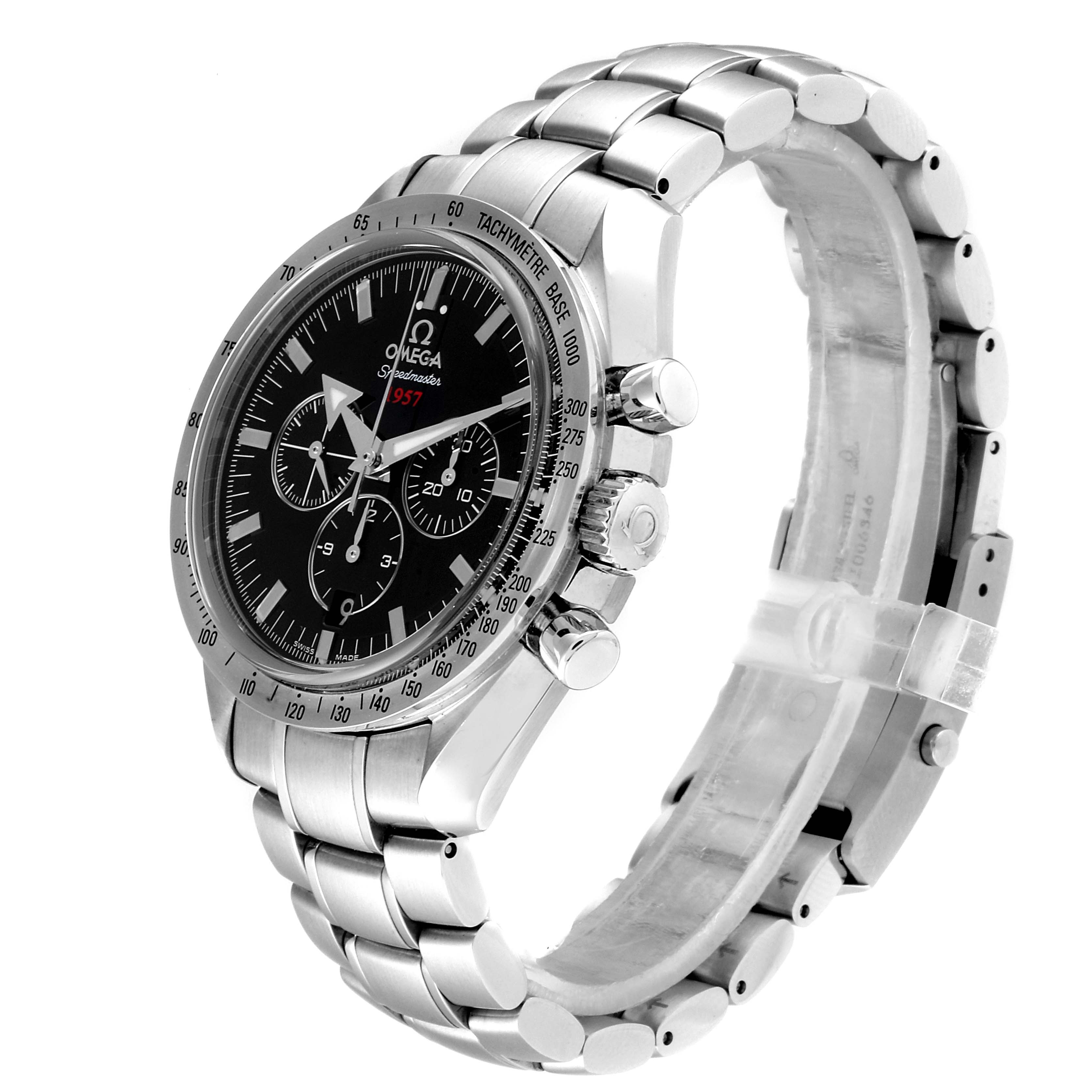 The image shows an Omega Speedmaster 321.10.42.50.01.001 Men
s Stainless Steel Black Dial 321.10.42.50.01.001 Men
s Stainless Steel Black Dial watch at a three-quarter angle highlighting the black dial, tachymeter bezel, and metal bracelet.