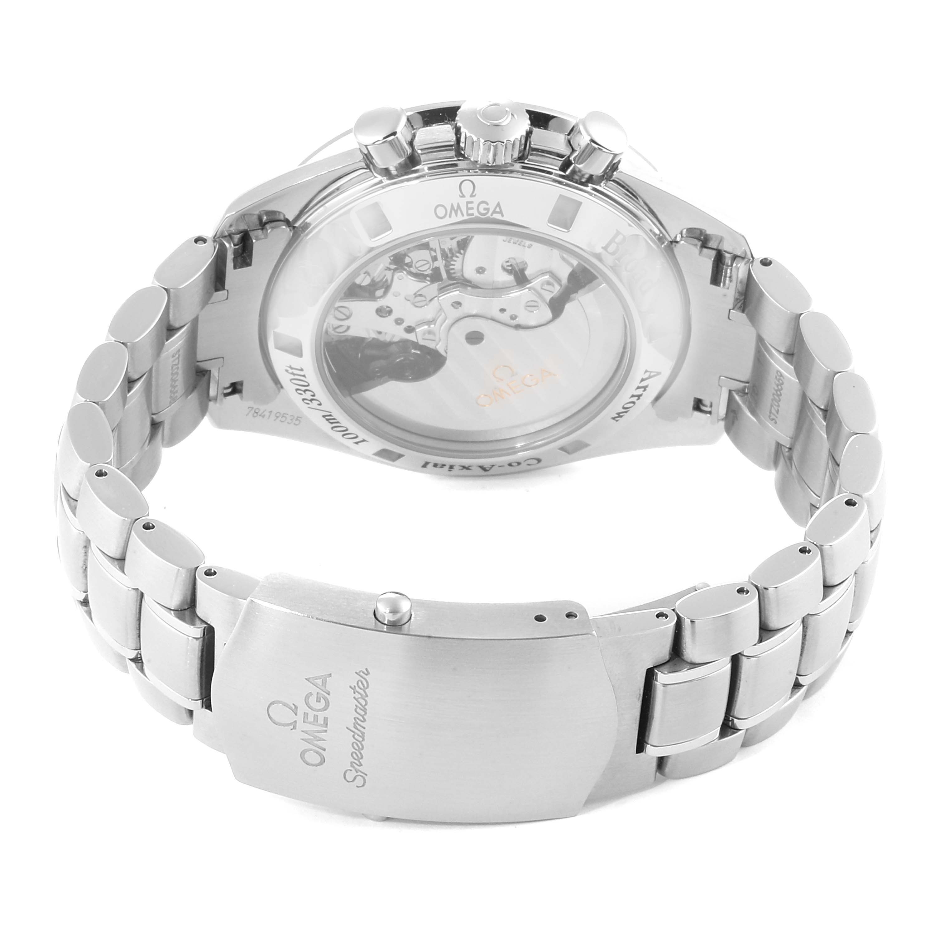 The image shows the Omega Speedmaster 321.10.42.50.01.001 Men
s Stainless Steel Black Dial 321.10.42.50.01.001 Men
s Stainless Steel Black Dial watch from the back, displaying its open case back and stainless steel bracelet.