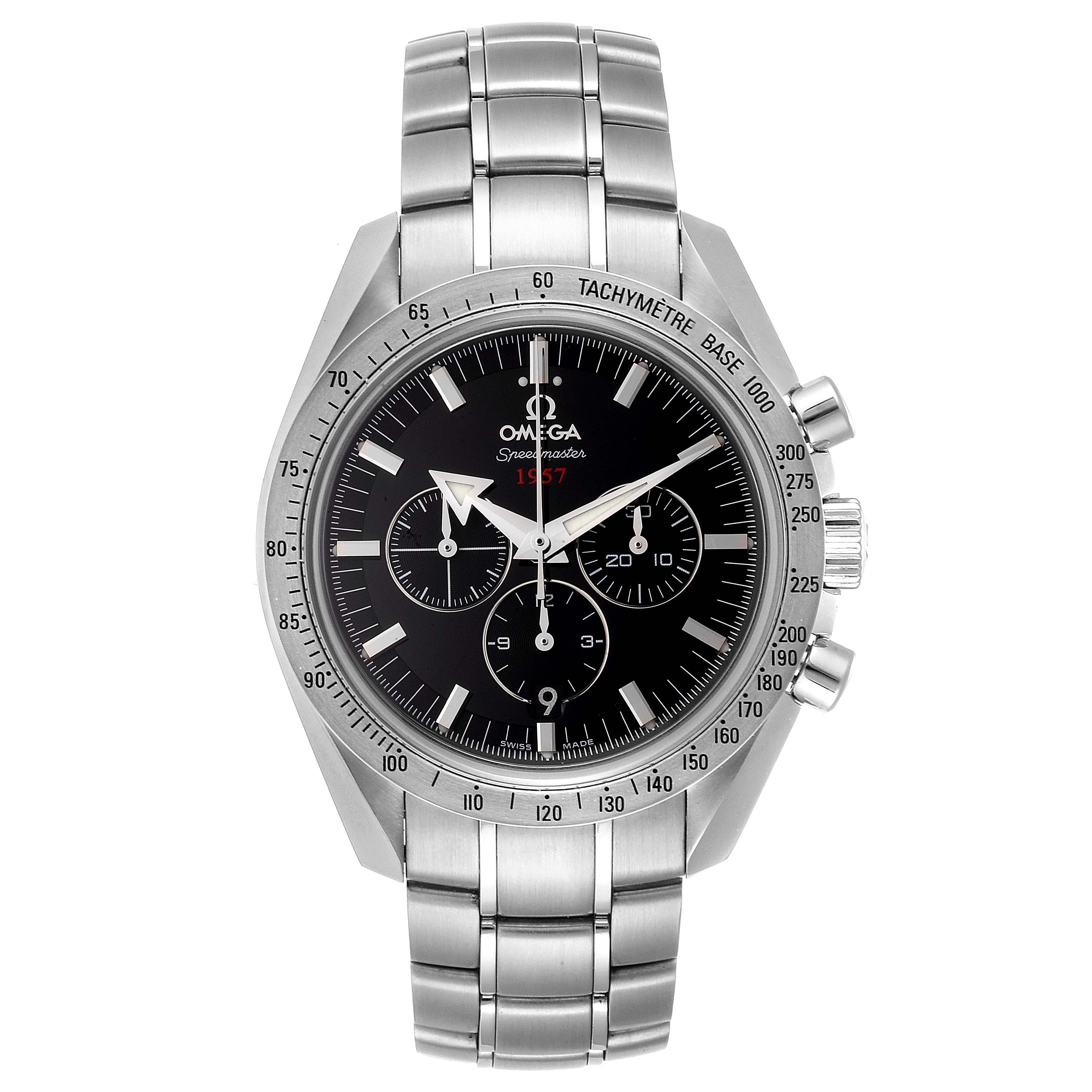 The image shows a frontal view of an Omega Speedmaster 321.10.42.50.01.001 Men
s Stainless Steel Black Dial 321.10.42.50.01.001 Men
s Stainless Steel Black Dial watch, displaying its face, bezel, and metal bracelet.