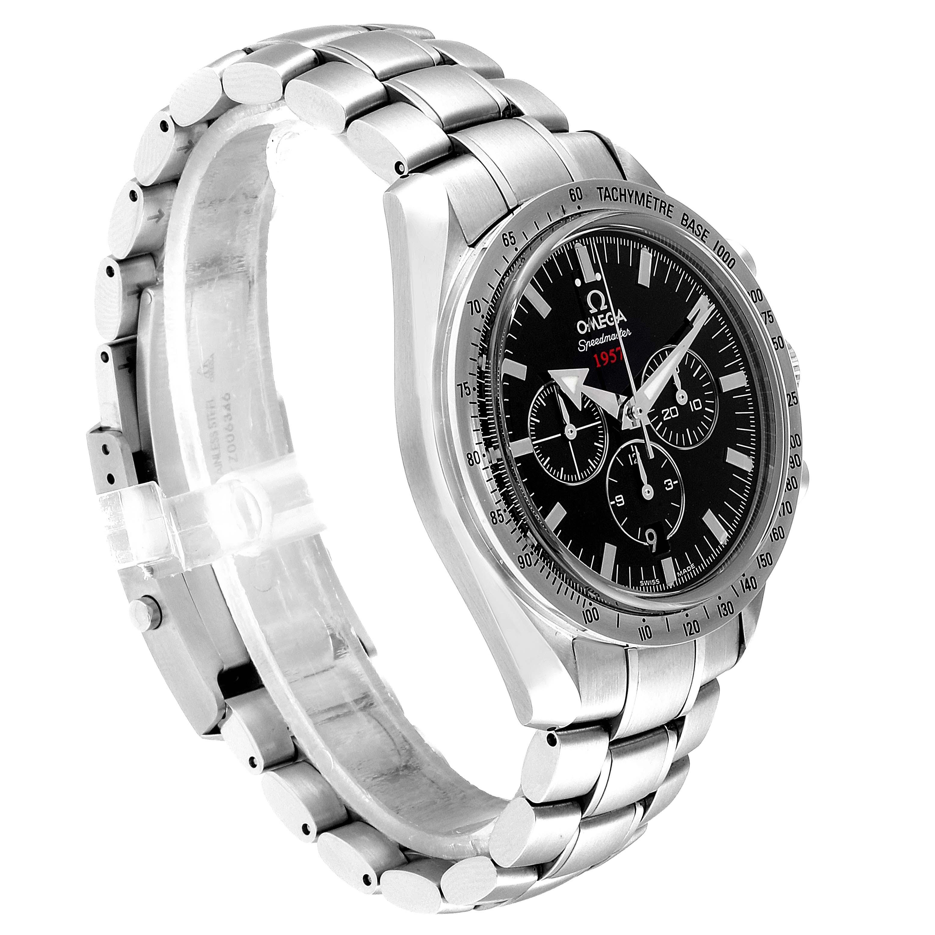 The image shows a side angle of an Omega Speedmaster 321.10.42.50.01.001 Men
s Stainless Steel Black Dial 321.10.42.50.01.001 Men
s Stainless Steel Black Dial watch, highlighting its stainless steel bracelet and black dial with chronograph subdials.