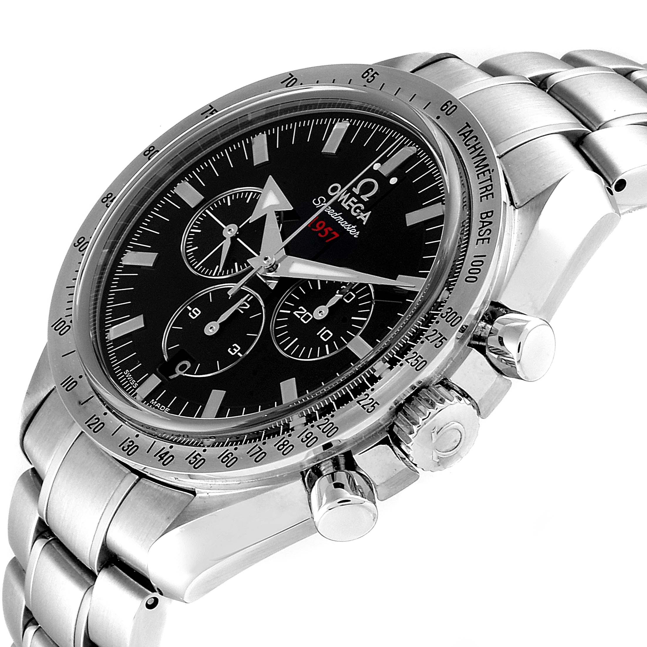 This image shows an angled view of the Omega Speedmaster 321.10.42.50.01.001 Men
s Stainless Steel Black Dial 321.10.42.50.01.001 Men
s Stainless Steel Black Dial watch, highlighting the dial, bezel, crown, and chronograph pushers.