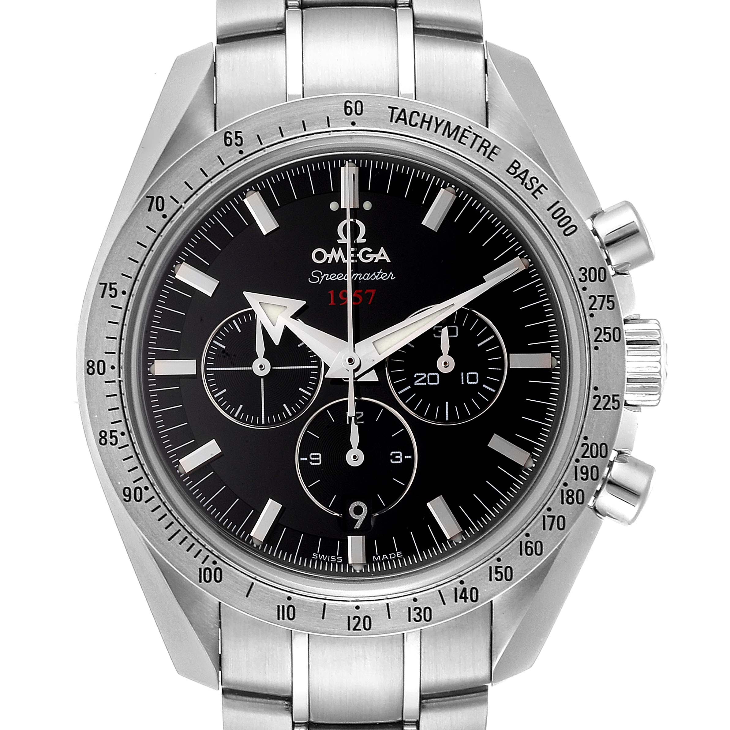 The image shows a front view of the Omega Speedmaster 321.10.42.50.01.001 Men
s Stainless Steel Black Dial 321.10.42.50.01.001 Men
s Stainless Steel Black Dial, highlighting the dial, bezel, and pushers.
