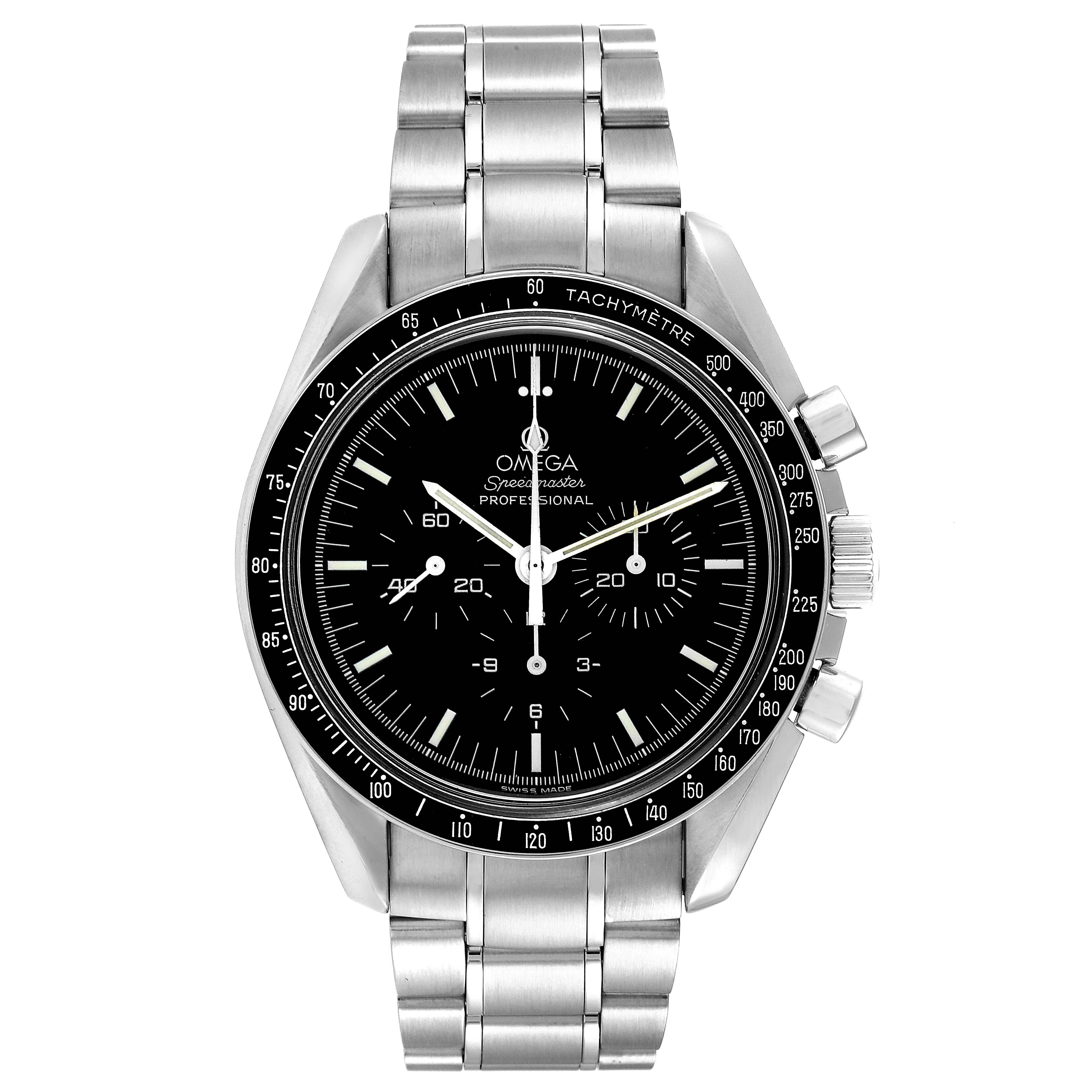 The image shows a front view of the Omega Speedmaster 3572.50.00 Men's Stainless Steel Black Dial 3572.50.00 Men's Stainless Steel Black Dial Professional watch, highlighting its black dial, stainless steel bracelet, and tachymetre bezel.