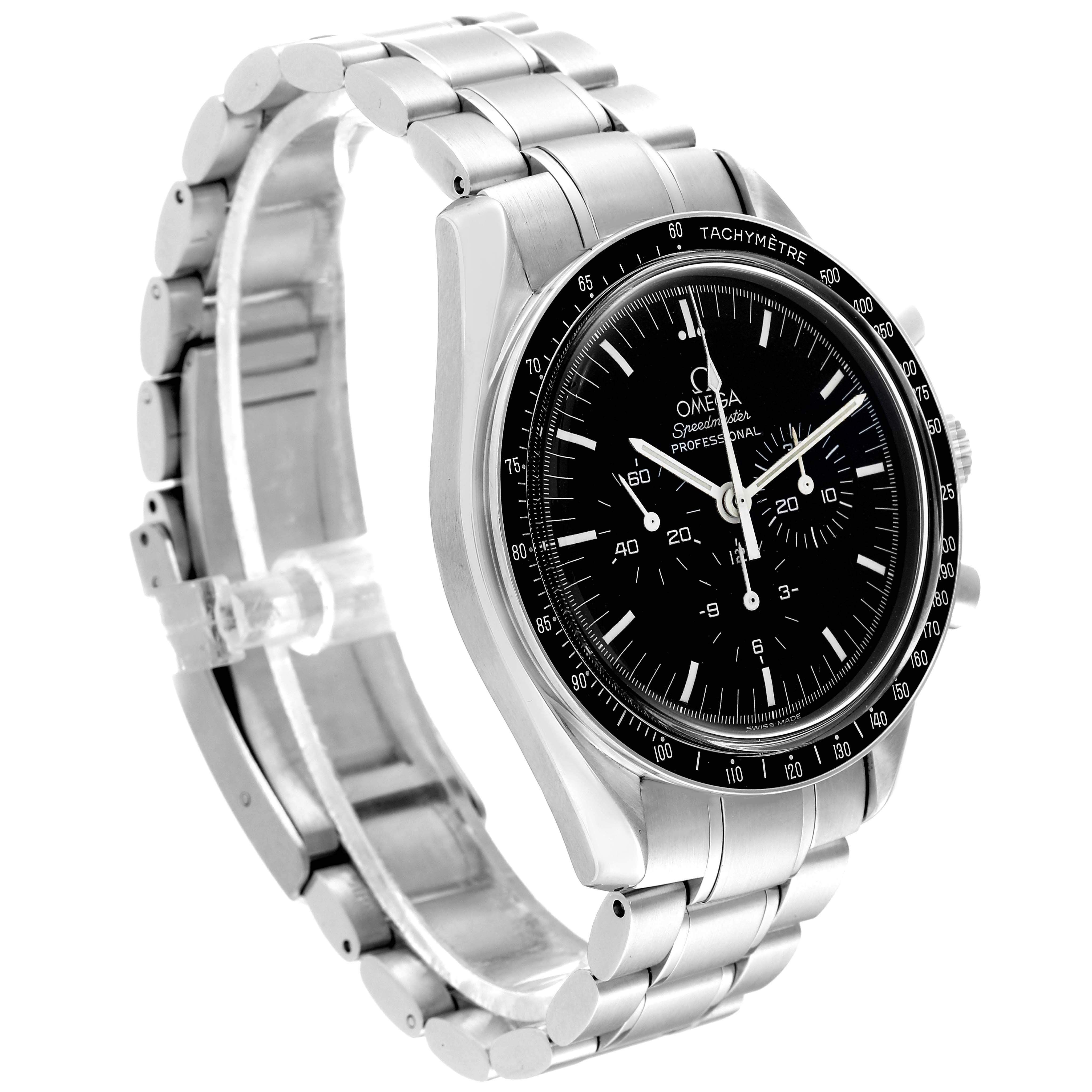 The Omega Speedmaster 3572.50.00 Men's Stainless Steel Black Dial 3572.50.00 Men's Stainless Steel Black Dial watch is shown from an angled view highlighting the face, tachymeter bezel, and stainless steel bracelet.