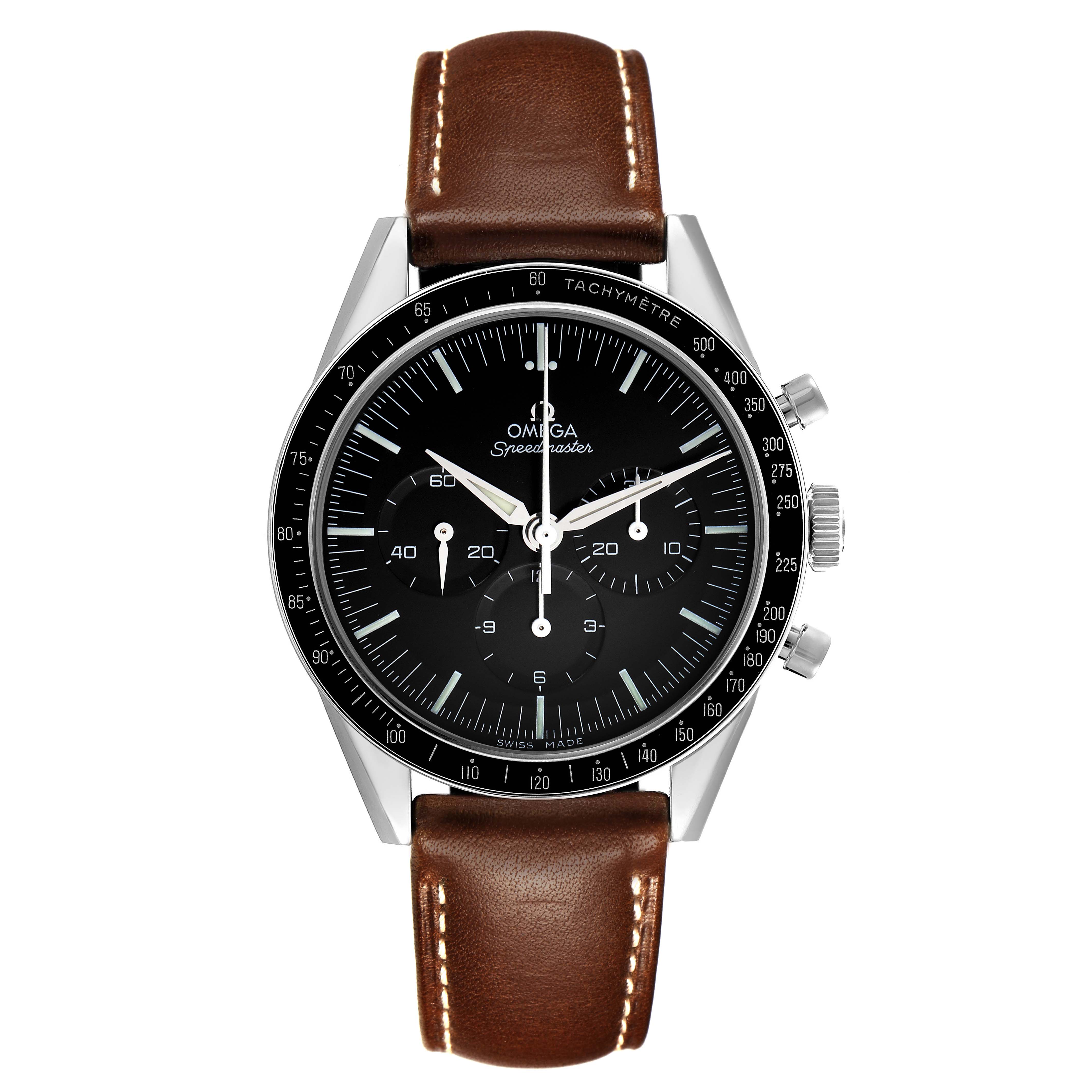 The Omega Speedmaster 311.32.40.30.01.001 Men
s Stainless Steel Black Dial 311.32.40.30.01.001 Men
s Stainless Steel Black Dial is shown from a front angle, featuring the full face, bezel, pushers, and a brown leather strap.