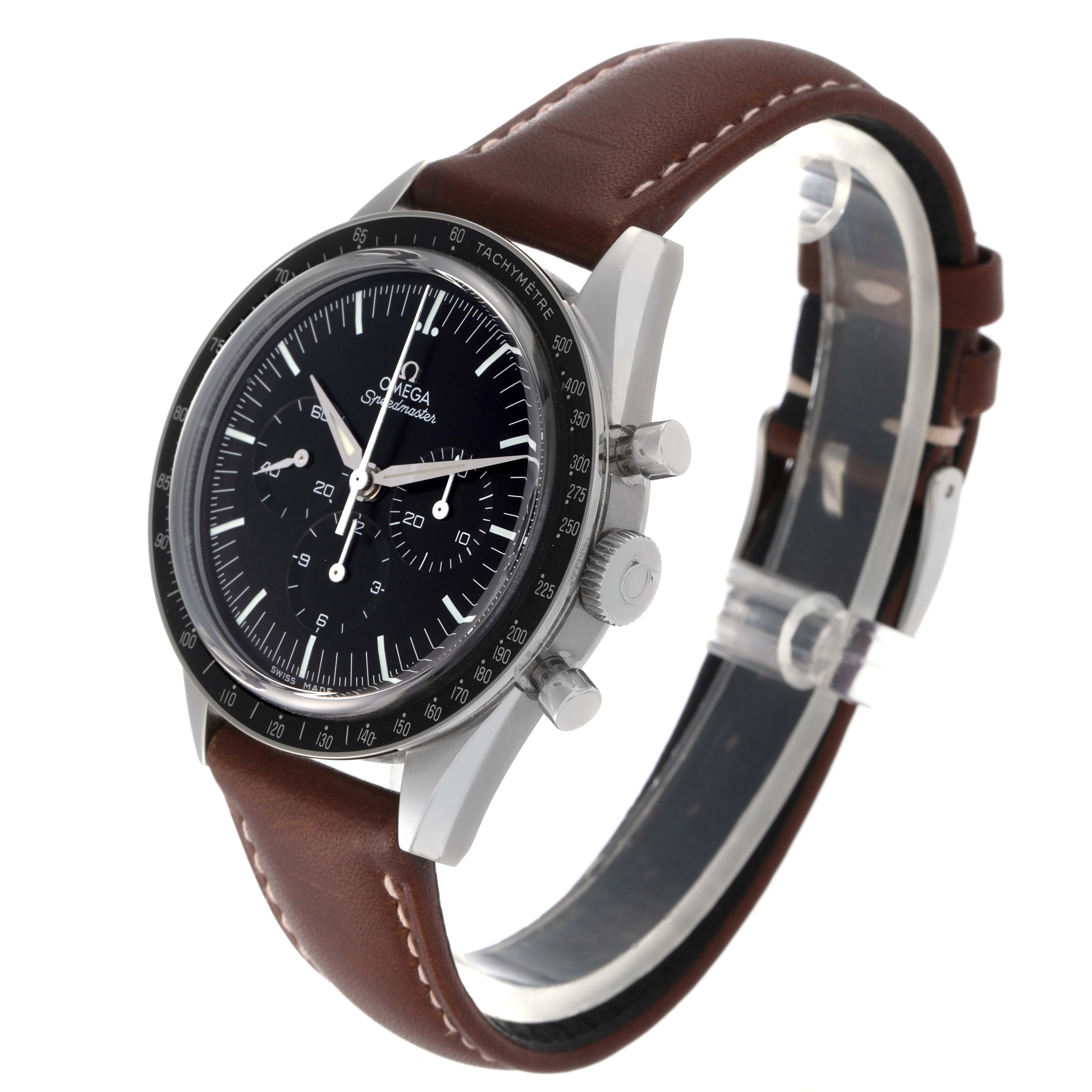 The Omega Speedmaster 311.32.40.30.01.001 Men
s Stainless Steel Black Dial 311.32.40.30.01.001 Men
s Stainless Steel Black Dial watch is shown at an angled side view, displaying the face, bezel, buttons, and brown leather strap.