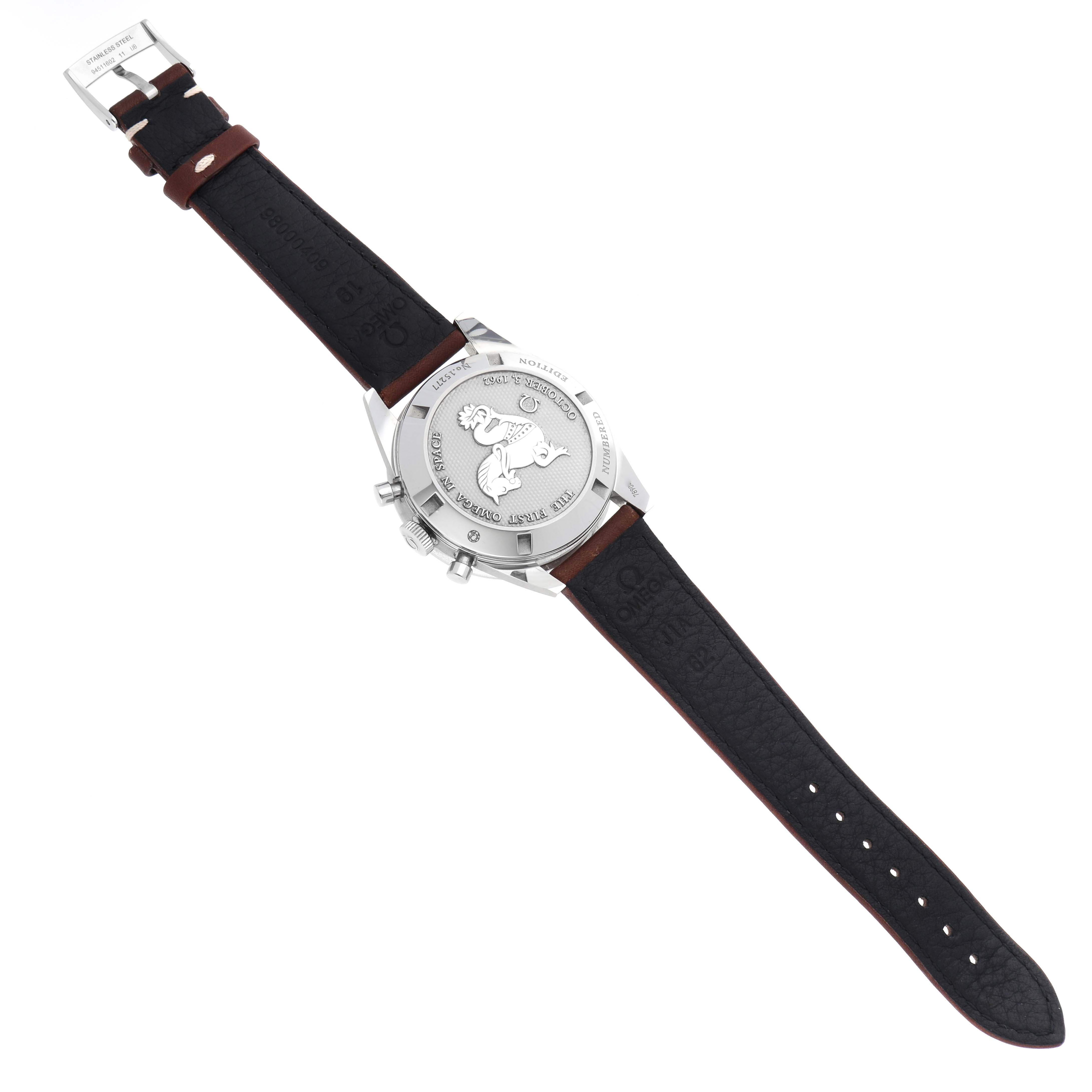 The image shows the back view of the Omega Speedmaster 311.32.40.30.01.001 Men
s Stainless Steel Black Dial 311.32.40.30.01.001 Men
s Stainless Steel Black Dial watch, highlighting the case back and strap.