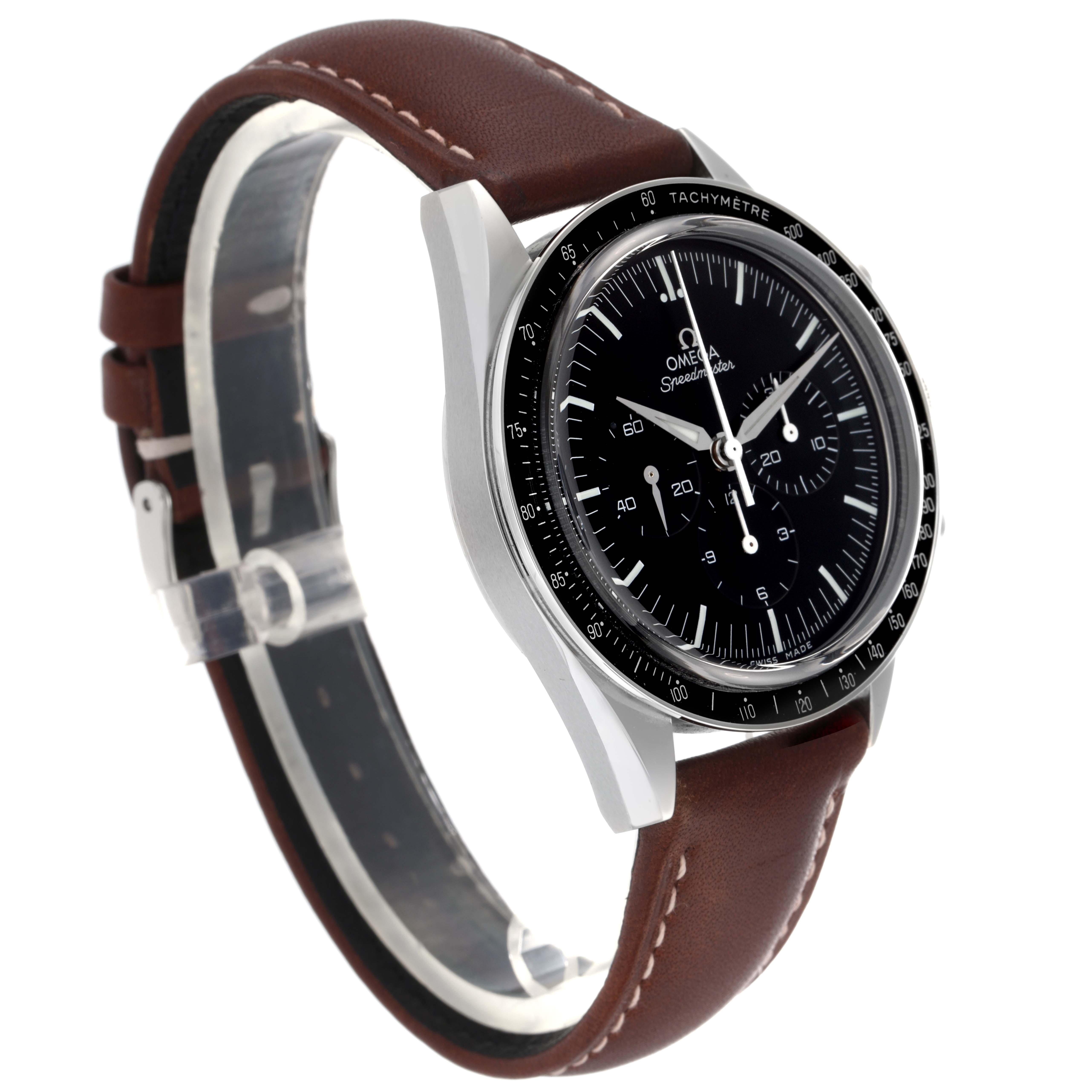 The Omega Speedmaster 311.32.40.30.01.001 Men
s Stainless Steel Black Dial 311.32.40.30.01.001 Men
s Stainless Steel Black Dial watch is shown from a three-quarter angle, displaying the dial, bezel, and brown leather strap.