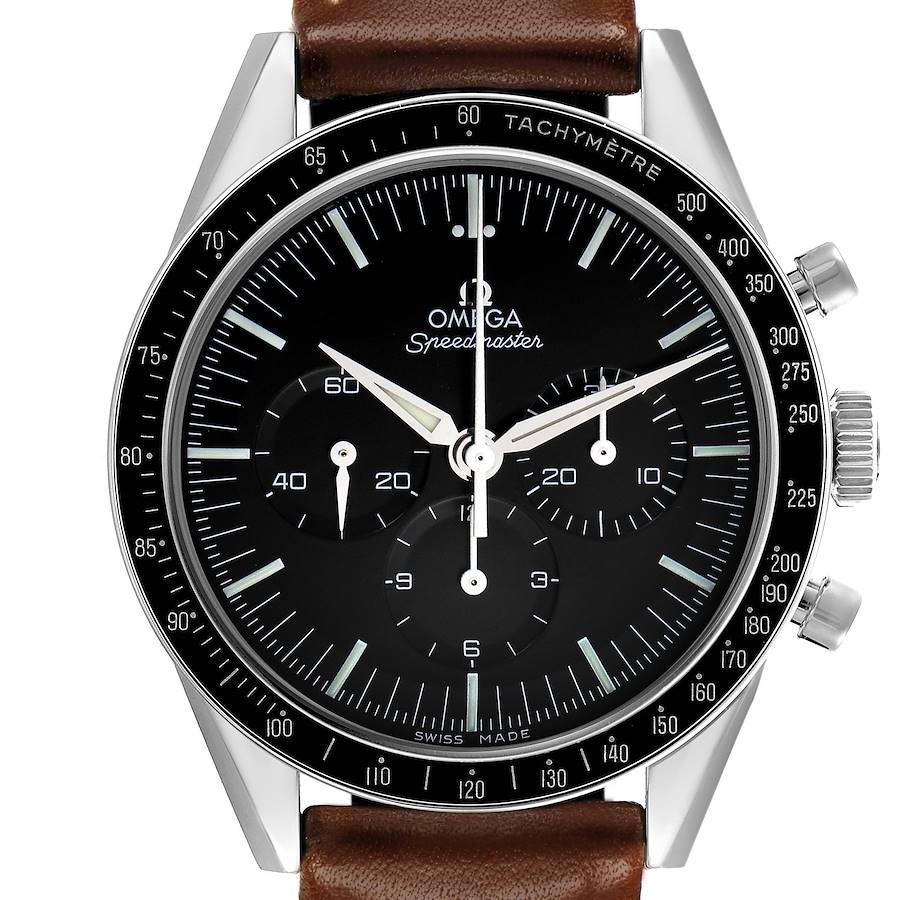 The image shows a front view of an Omega Speedmaster watch with a brown strap and visible tachymeter bezel.
