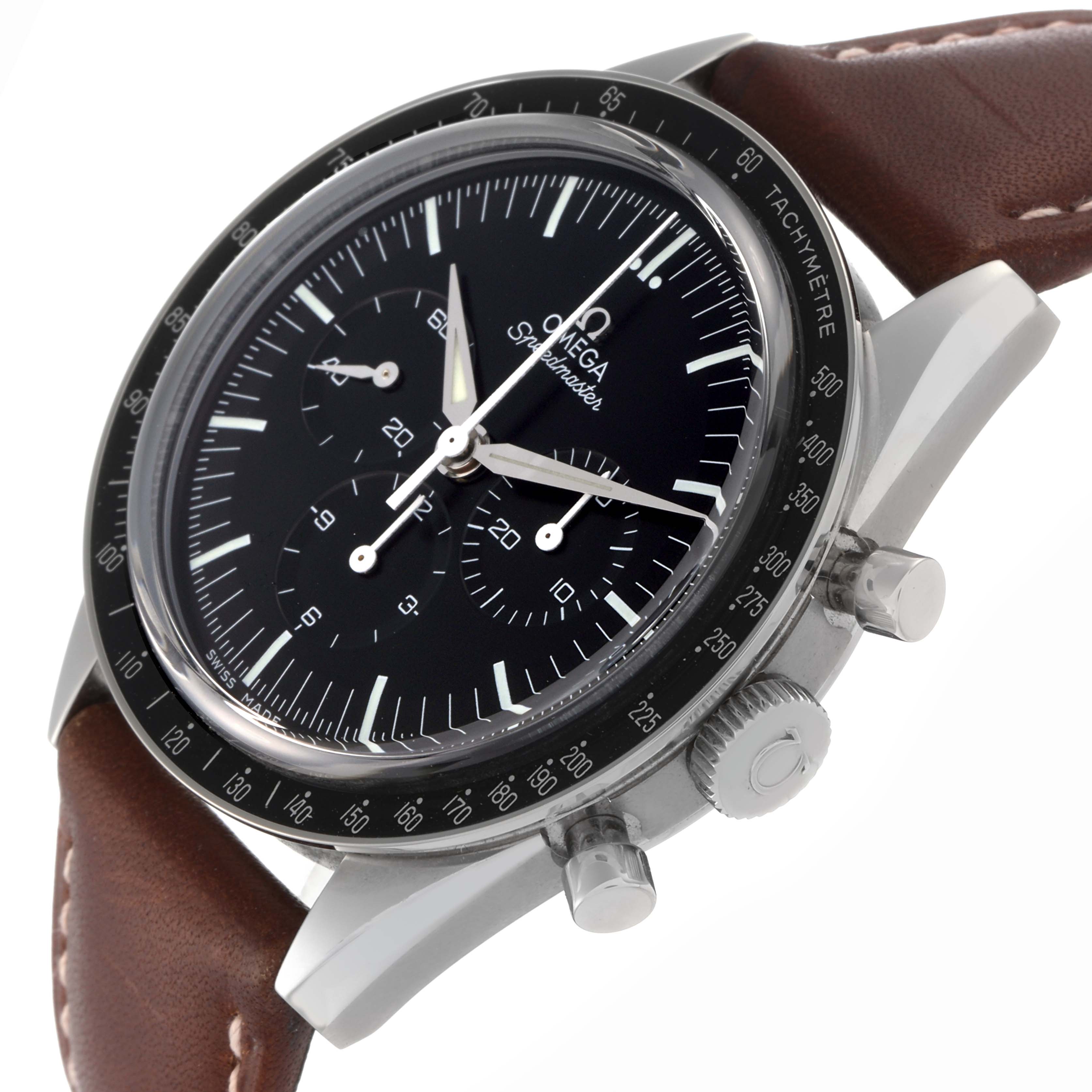 The Omega Speedmaster 311.32.40.30.01.001 Men
s Stainless Steel Black Dial 311.32.40.30.01.001 Men
s Stainless Steel Black Dial watch is shown at an angle highlighting its black dial, tachymeter bezel, and brown leather strap.
