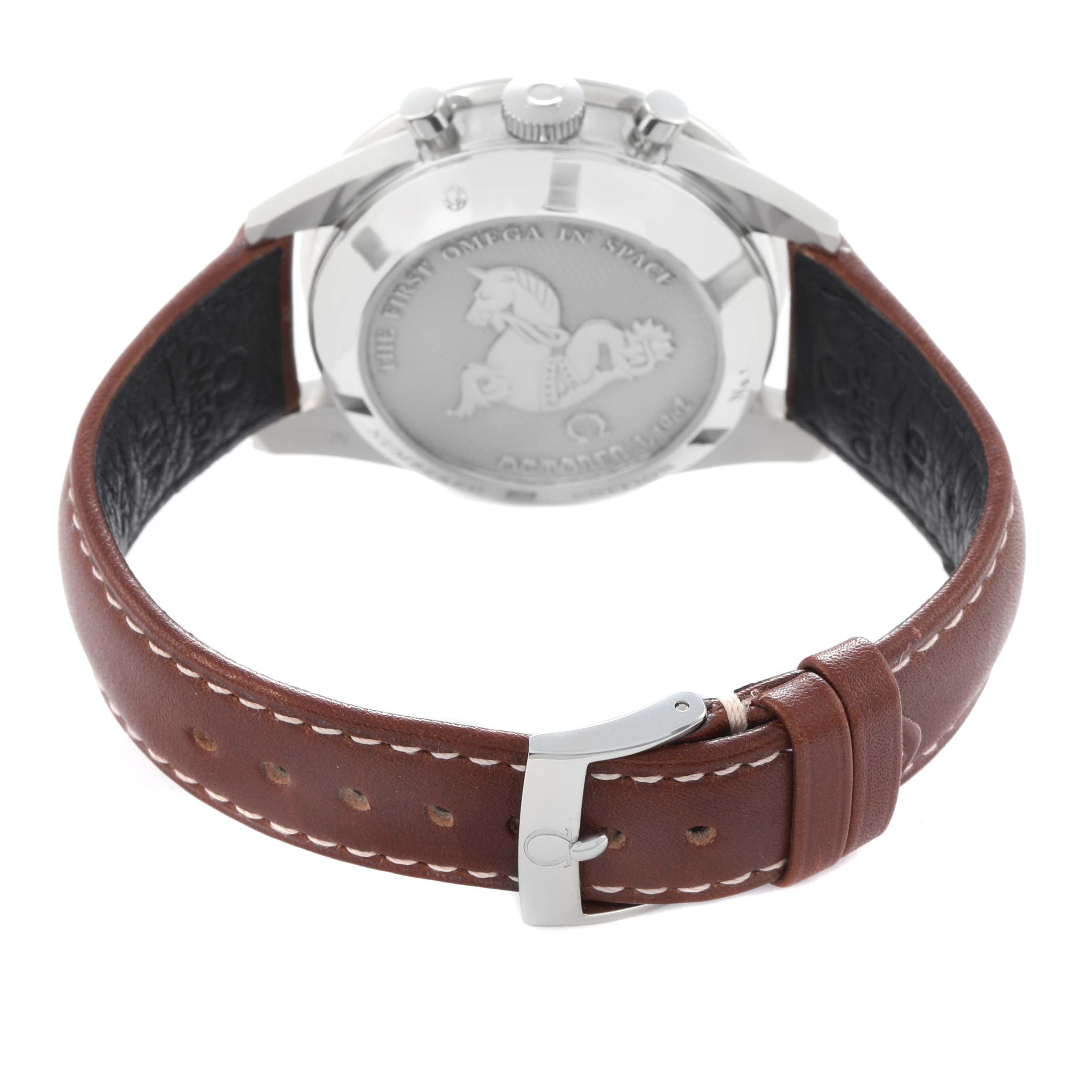 The image shows the back of an Omega Speedmaster 311.32.40.30.01.001 Men
s Stainless Steel Black Dial 311.32.40.30.01.001 Men
s Stainless Steel Black Dial watch, highlighting the case back and brown leather strap with a buckle.