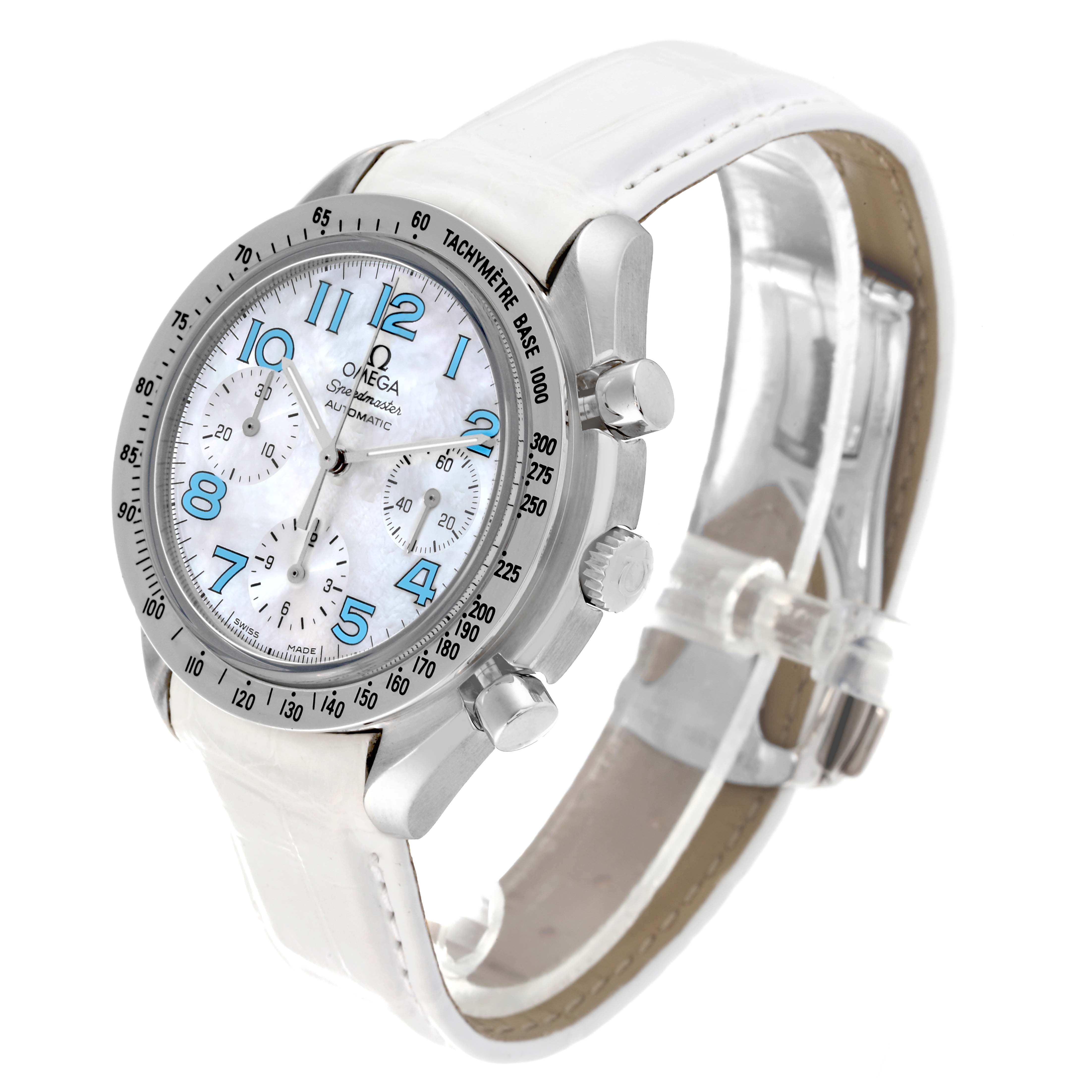 The Omega Speedmaster 3834.71.33 Men's Stainless Steel Mother of Pearl Dial 3834.71.33 Men's Stainless Steel Mother of Pearl Dial watch is shown from an angled side view, featuring its dial, bezel, pushers, crown, and white strap.