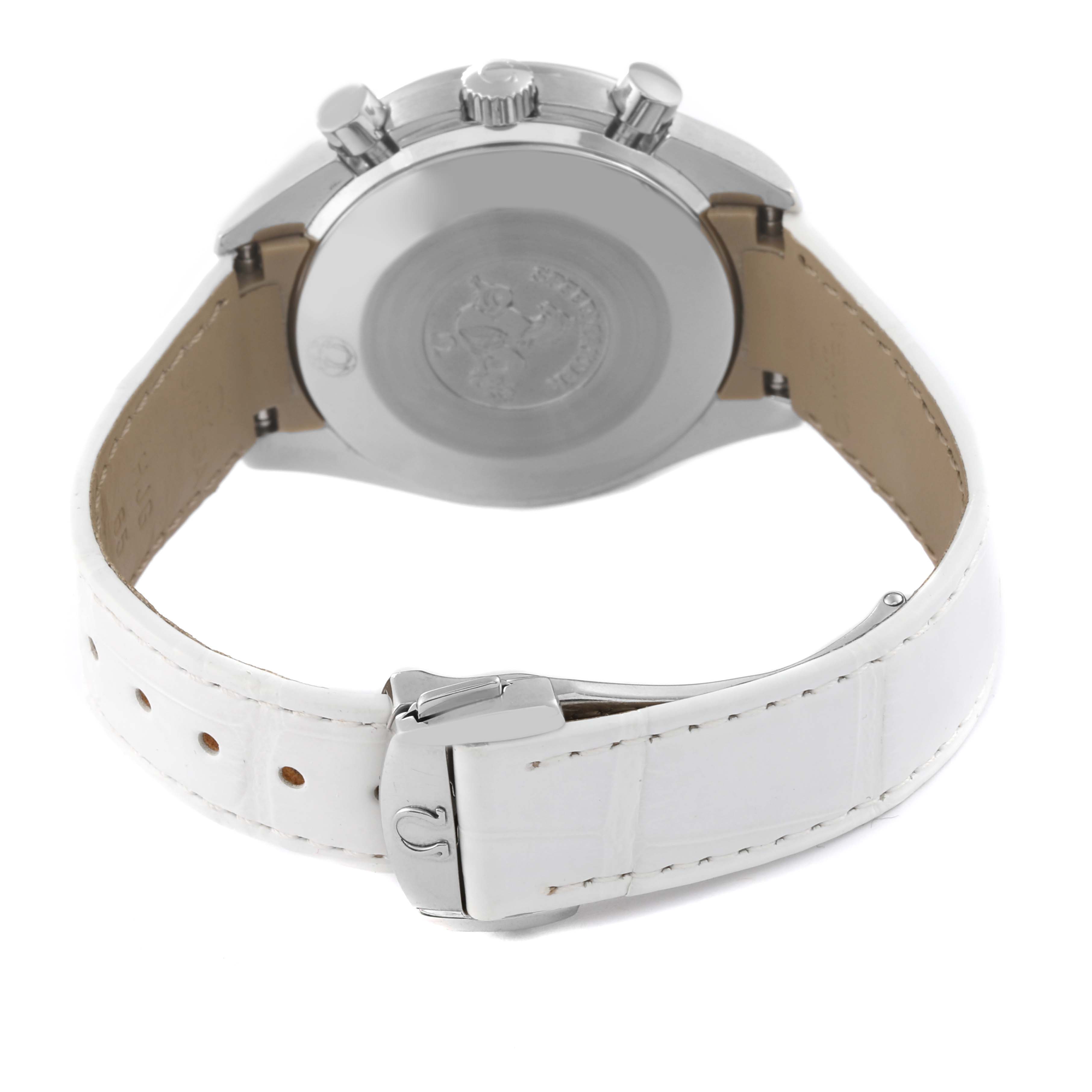 This image shows the back view of the Omega Speedmaster 3834.71.33 Men's Stainless Steel Mother of Pearl Dial 3834.71.33 Men's Stainless Steel Mother of Pearl Dial watch, featuring its case back, crown, pushers, and white leather strap with a clasp.