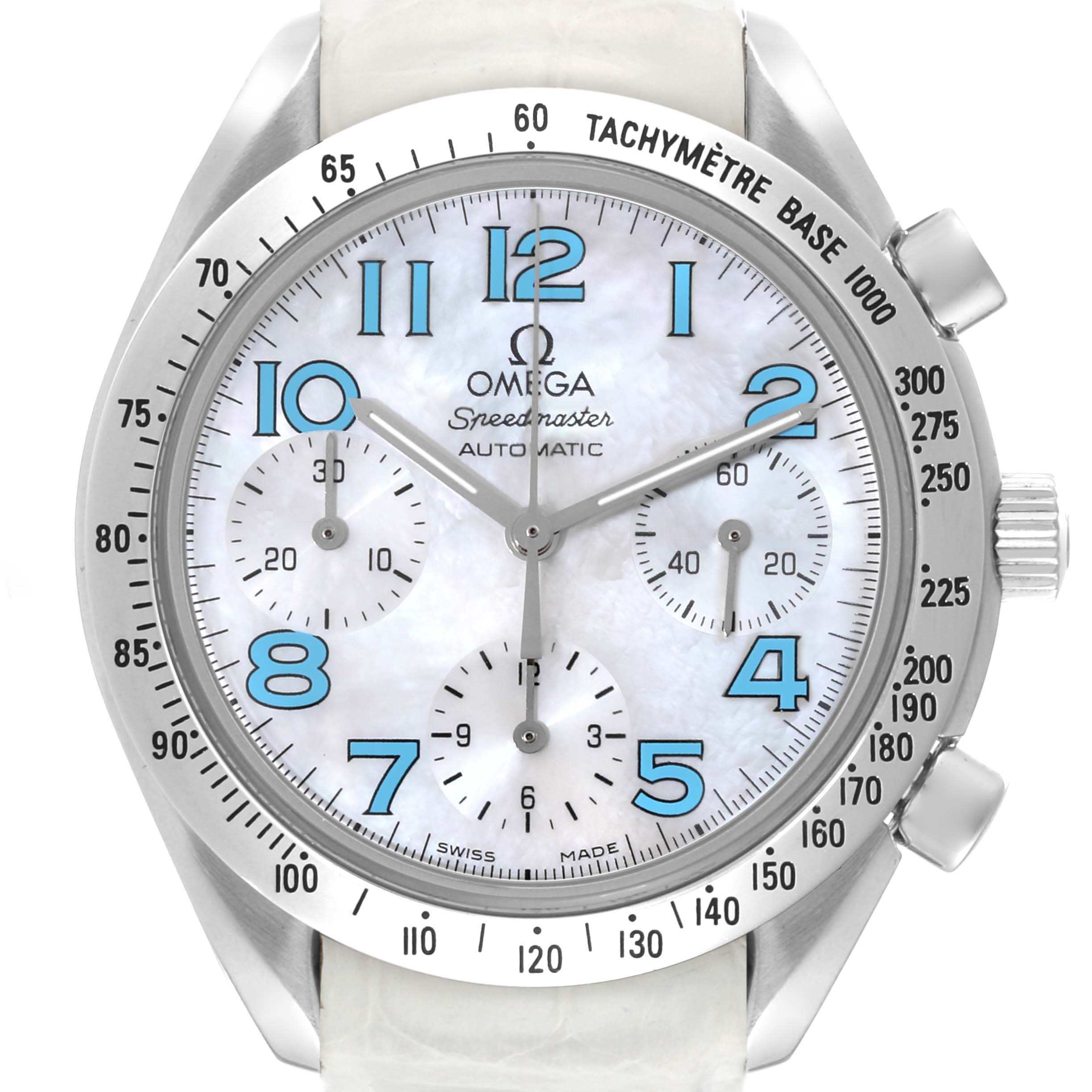 The image shows a frontal view of the Omega Speedmaster 3834.71.33 Men's Stainless Steel Mother of Pearl Dial 3834.71.33 Men's Stainless Steel Mother of Pearl Dial Automatic watch, highlighting its dial, subdials, and tachymeter bezel.
