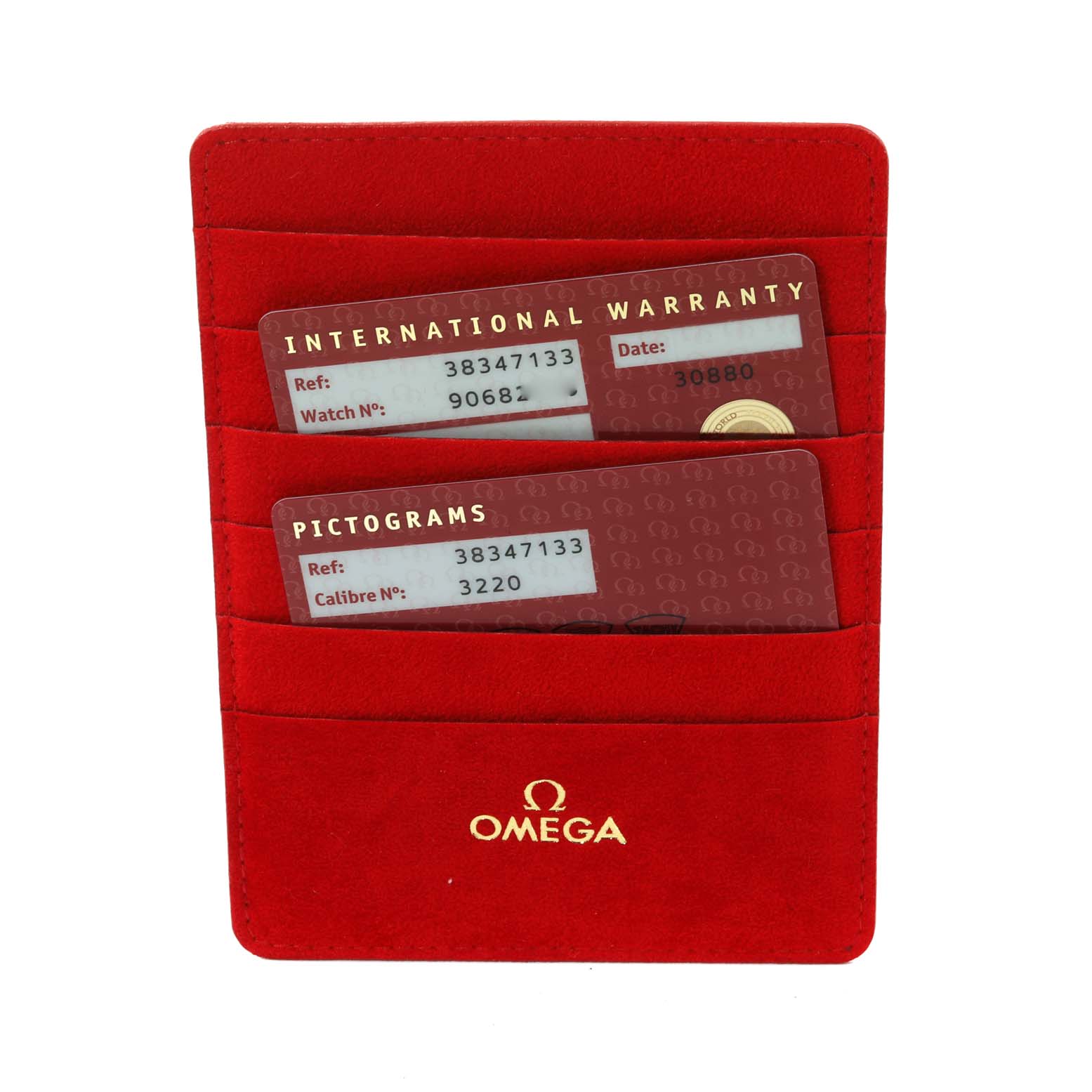 The image shows an Omega Speedmaster 3834.71.33 Men's Stainless Steel Mother of Pearl Dial 3834.71.33 Men's Stainless Steel Mother of Pearl Dial international warranty card and pictograms card in a red Omega cardholder.
