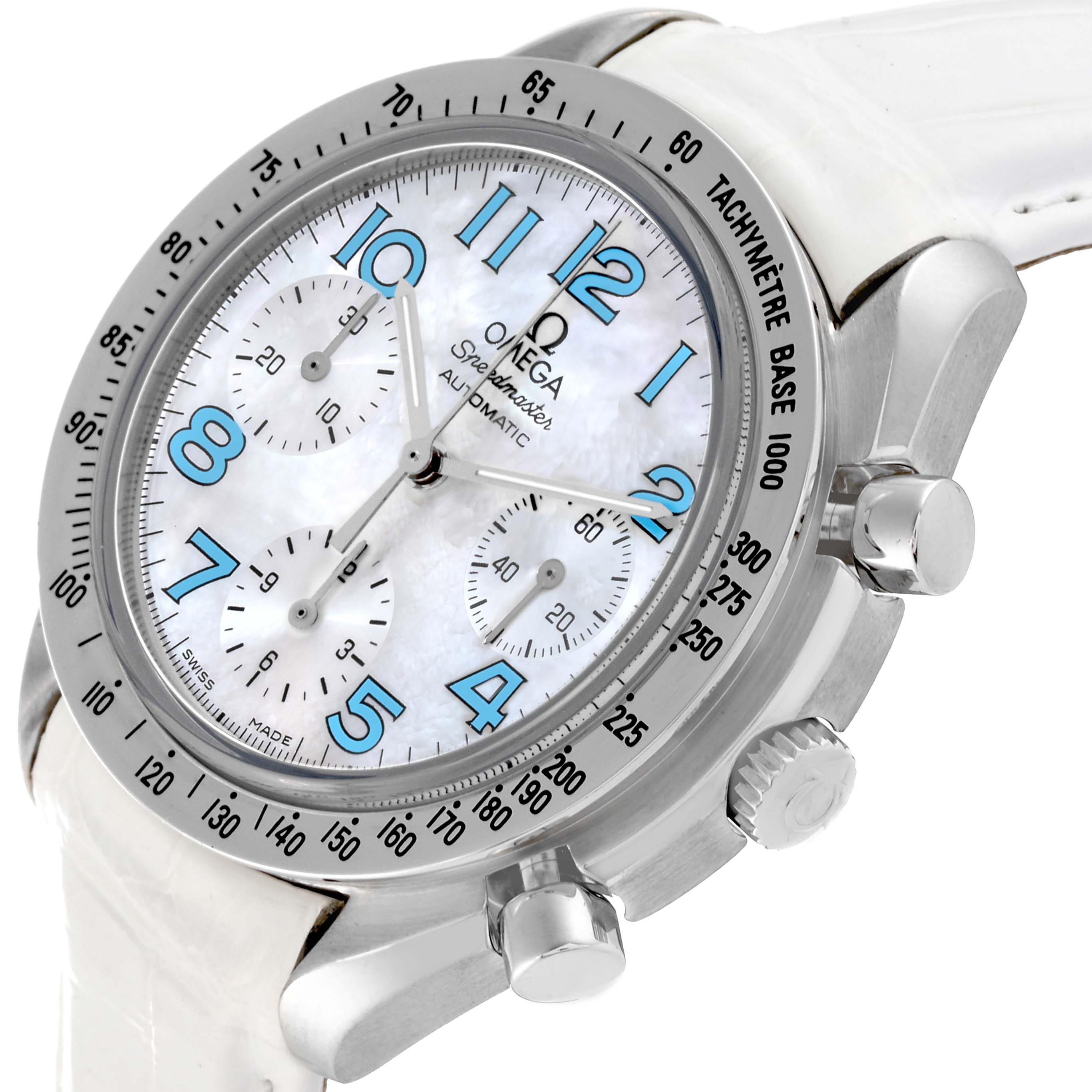 The image shows an angled view of the Omega Speedmaster 3834.71.33 Men's Stainless Steel Mother of Pearl Dial 3834.71.33 Men's Stainless Steel Mother of Pearl Dial watch, featuring its face, bezel, crown, and pushers.