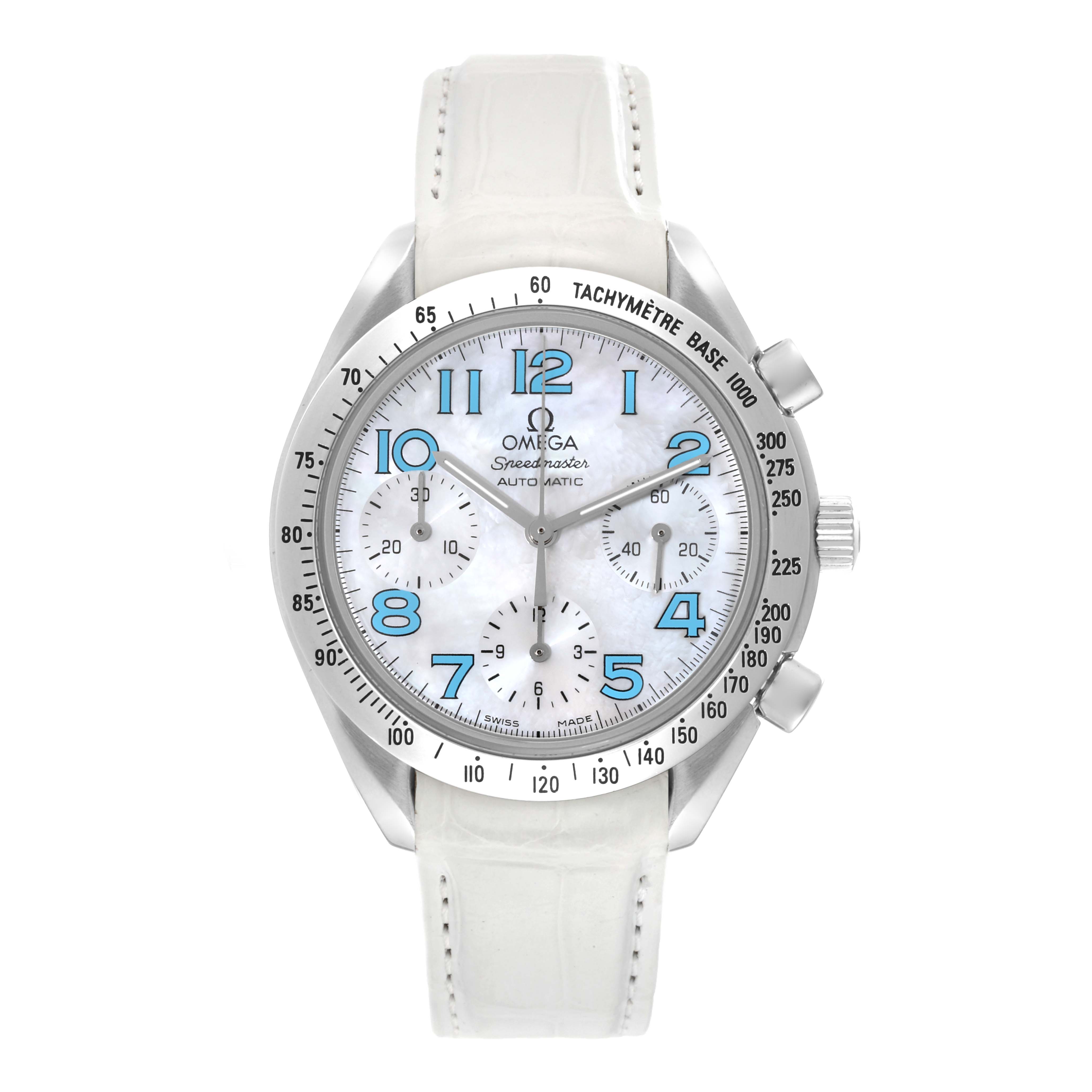 The image shows a front view of an Omega Speedmaster 3834.71.33 Men's Stainless Steel Mother of Pearl Dial 3834.71.33 Men's Stainless Steel Mother of Pearl Dial watch featuring a white leather strap, blue numerals, and multiple sub-dials.