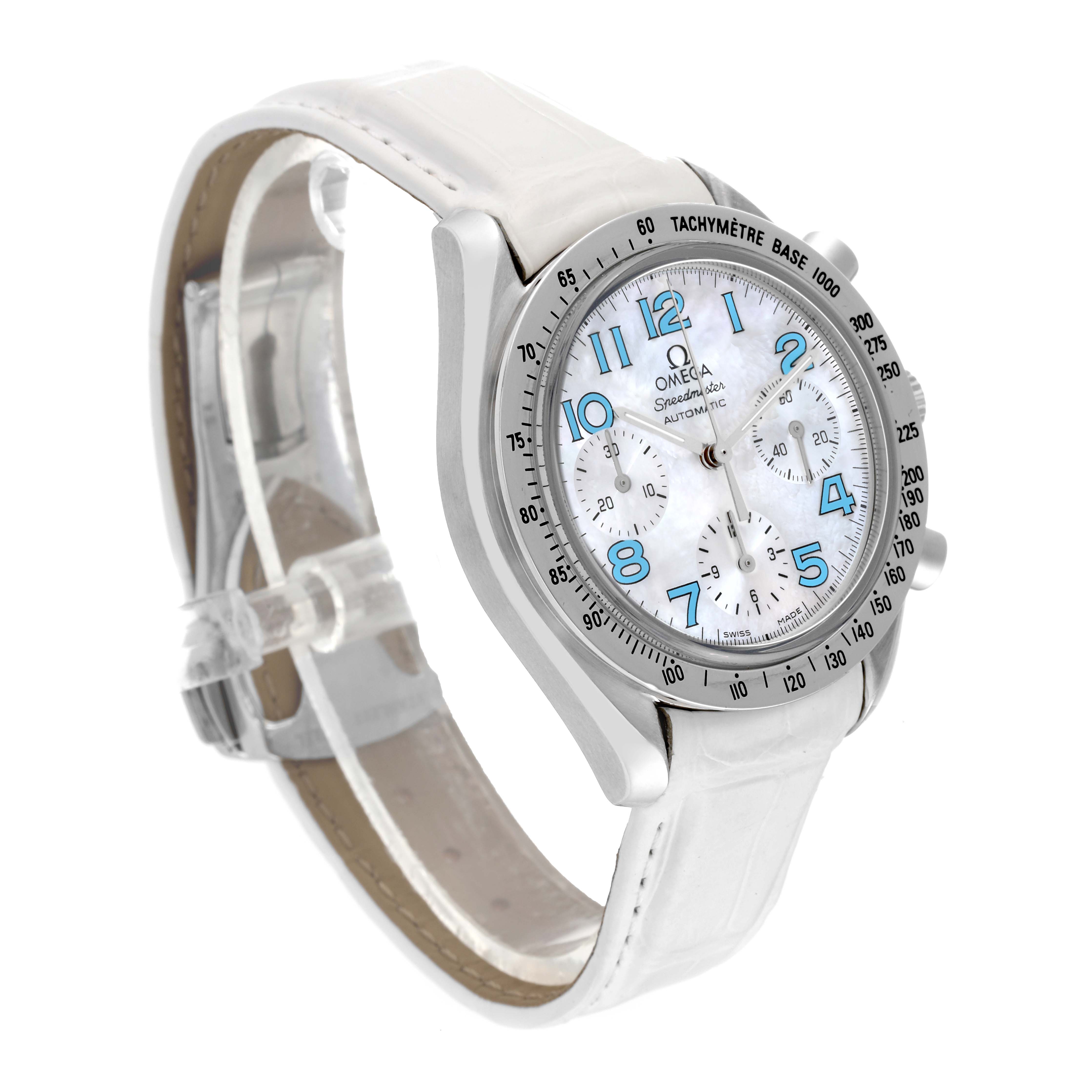 The image shows a frontal angled view of the Omega Speedmaster 3834.71.33 Men's Stainless Steel Mother of Pearl Dial 3834.71.33 Men's Stainless Steel Mother of Pearl Dial watch, highlighting its face, bezel, and strap.