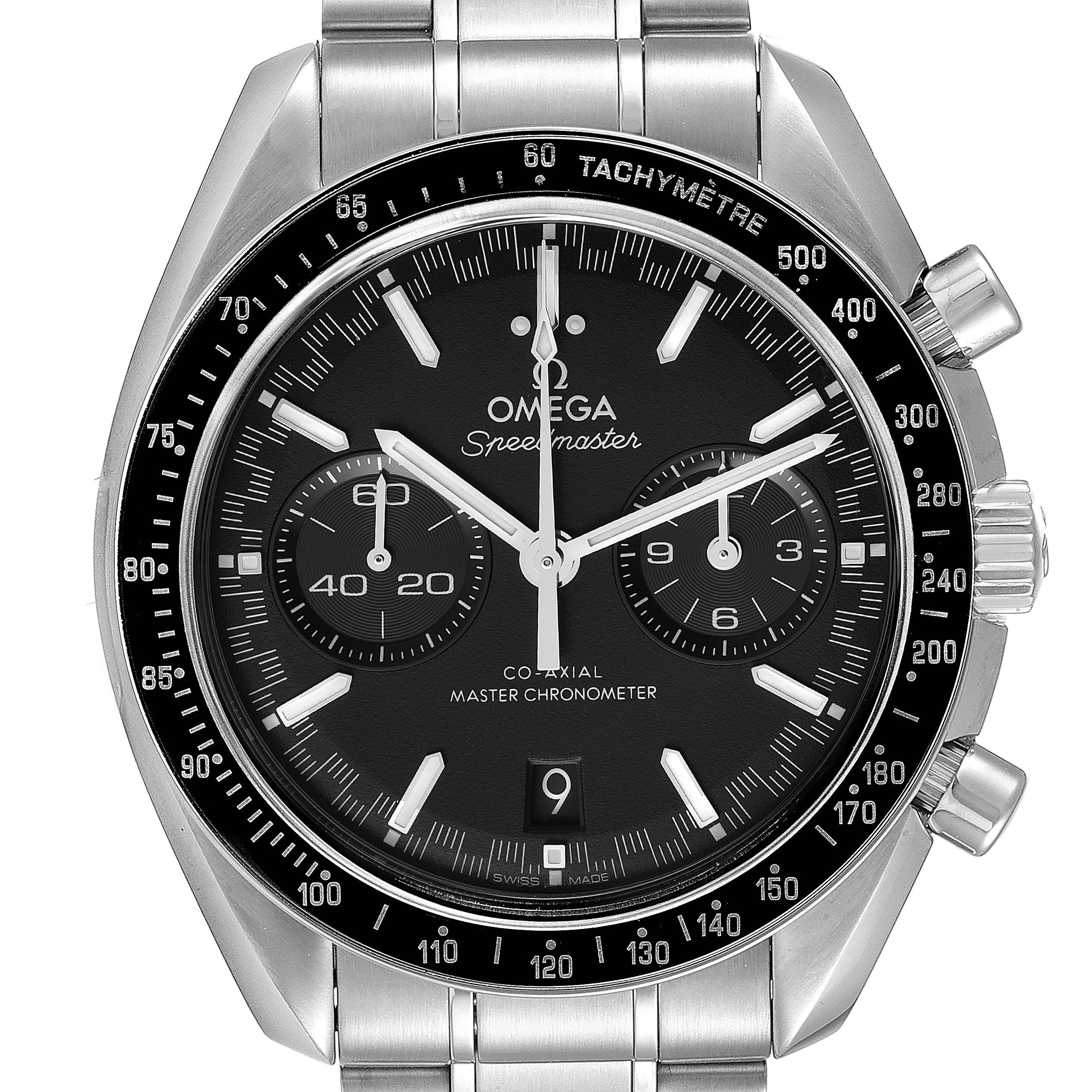 The image shows a front view of the Omega Speedmaster 329.30.44.51.01.001 Men
s Stainless Steel Black Dial 329.30.44.51.01.001 Men
s Stainless Steel Black Dial watch, highlighting its dial, chronographs, and tachymeter bezel.
