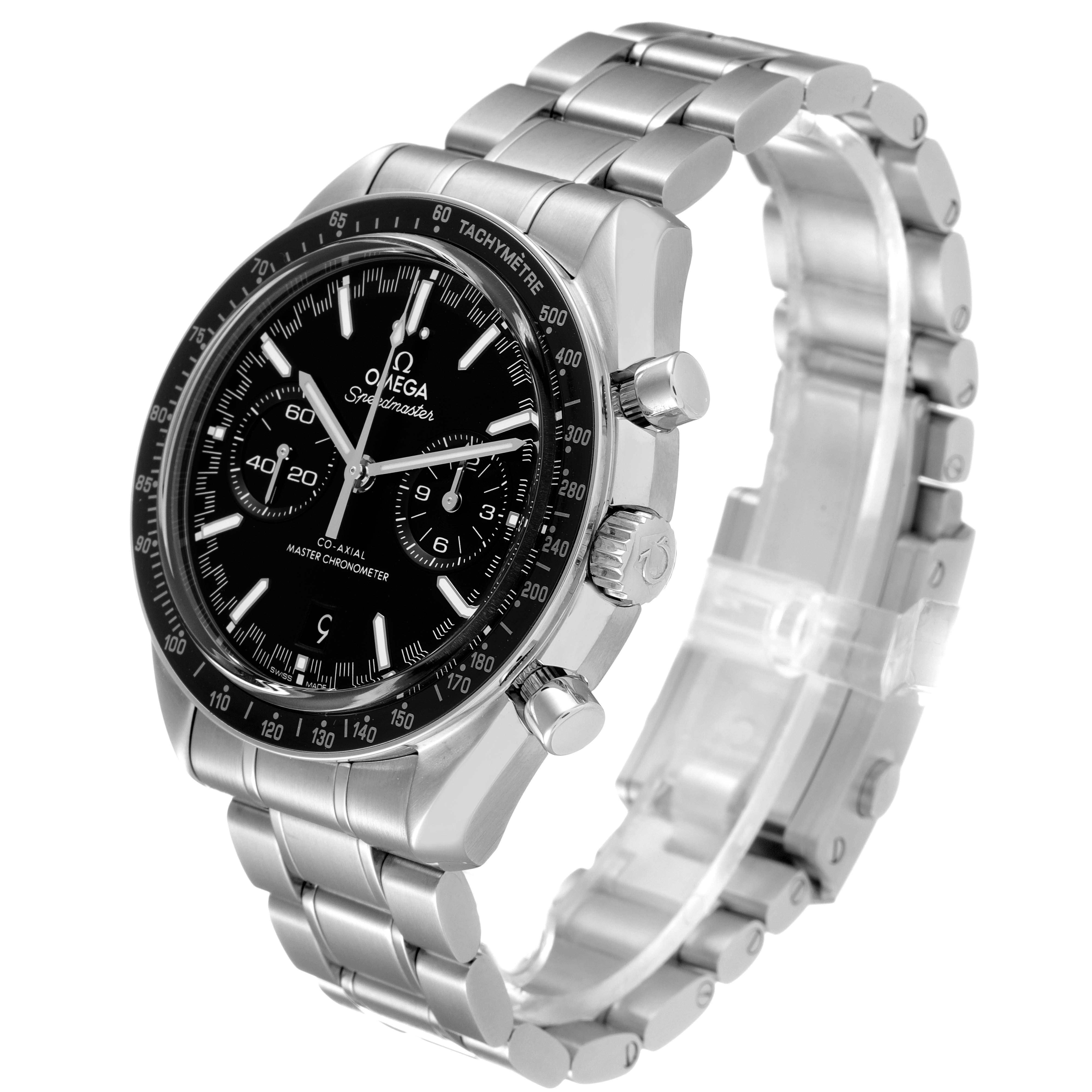 The image shows an Omega Speedmaster 329.30.44.51.01.001 Men
s Stainless Steel Black Dial 329.30.44.51.01.001 Men
s Stainless Steel Black Dial watch angled to display the face, bezel, and stainless steel bracelet.