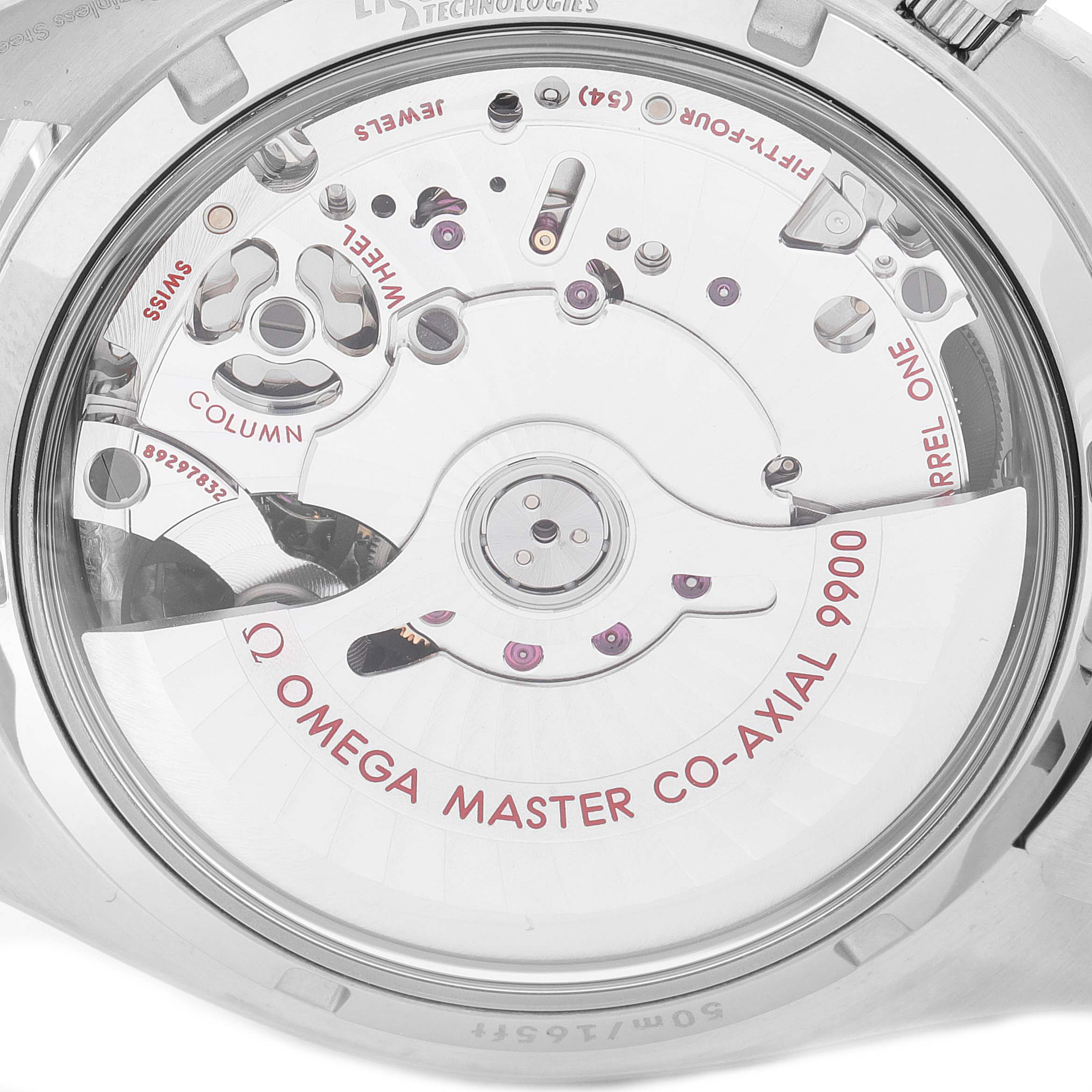 This is a close-up of the back of the Omega Speedmaster 329.30.44.51.01.001 Men
s Stainless Steel Black Dial 329.30.44.51.01.001 Men
s Stainless Steel Black Dial, showcasing its Omega Master Co-Axial 9900 movement.