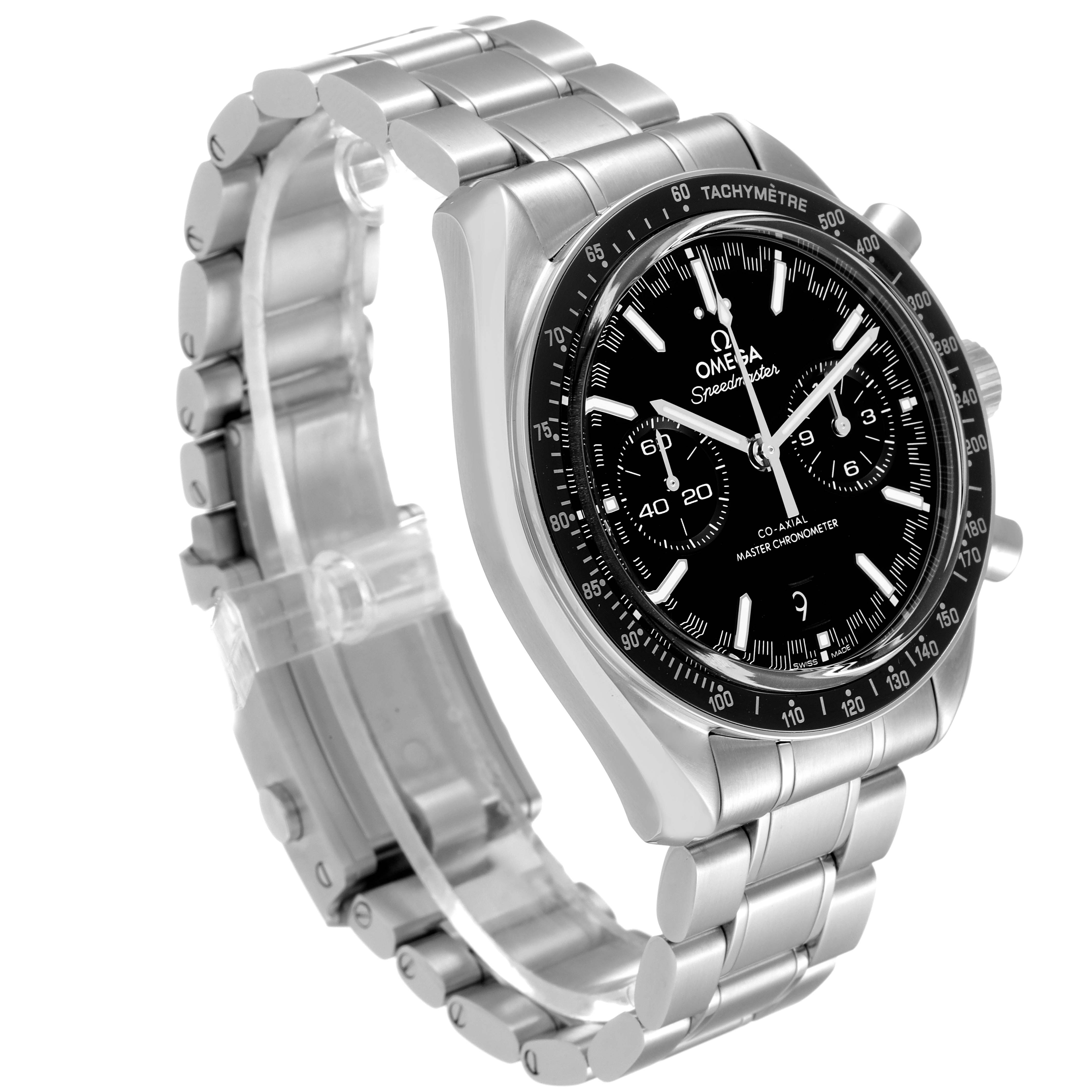 The image shows an angled front view of the Omega Speedmaster 329.30.44.51.01.001 Men
s Stainless Steel Black Dial 329.30.44.51.01.001 Men
s Stainless Steel Black Dial, displaying its stainless steel bracelet and detailed black dial.