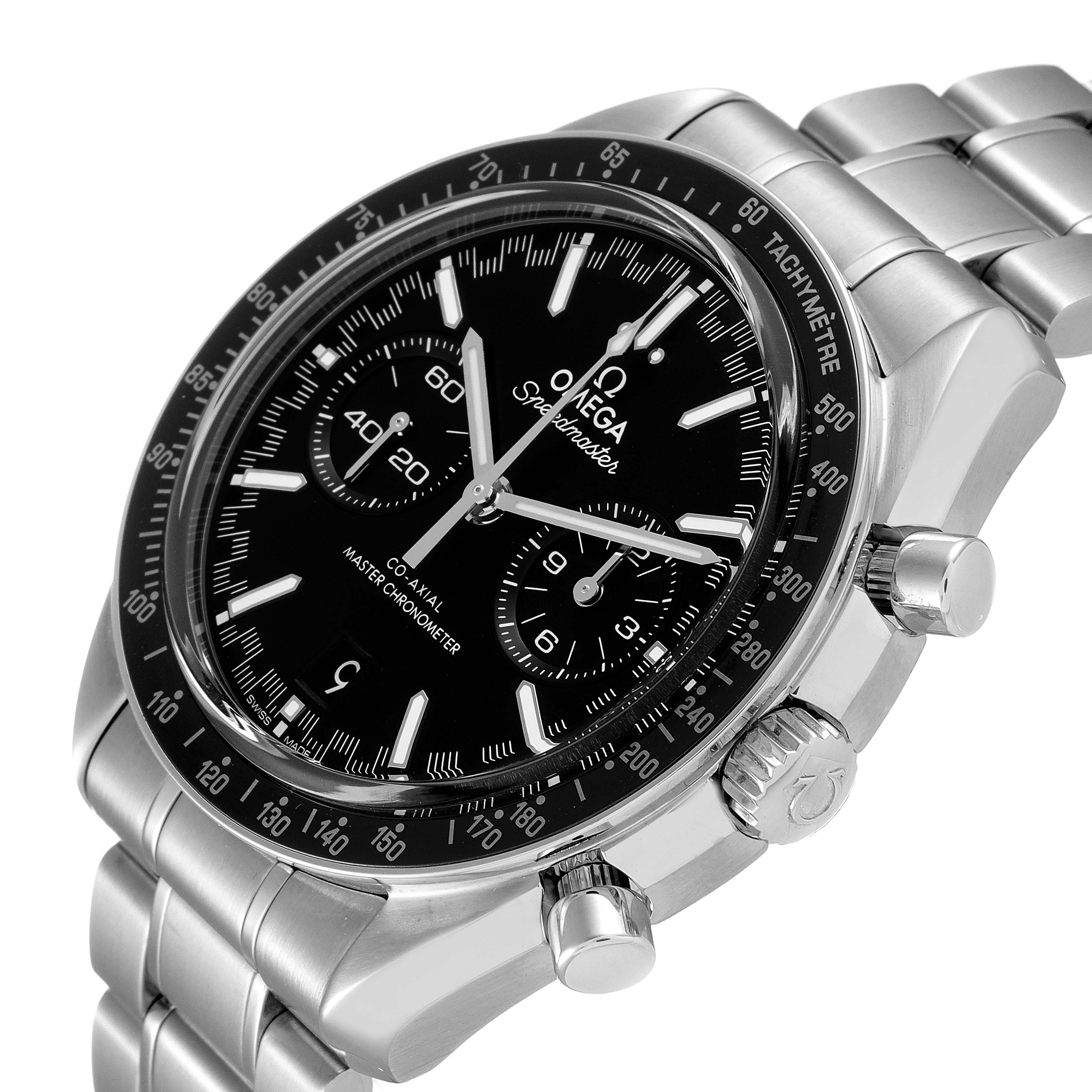 This image shows an angled view of the Omega Speedmaster 329.30.44.51.01.001 Men
s Stainless Steel Black Dial 329.30.44.51.01.001 Men
s Stainless Steel Black Dial watch, highlighting the dial, bezel, pushers, crown, and part of the bracelet.