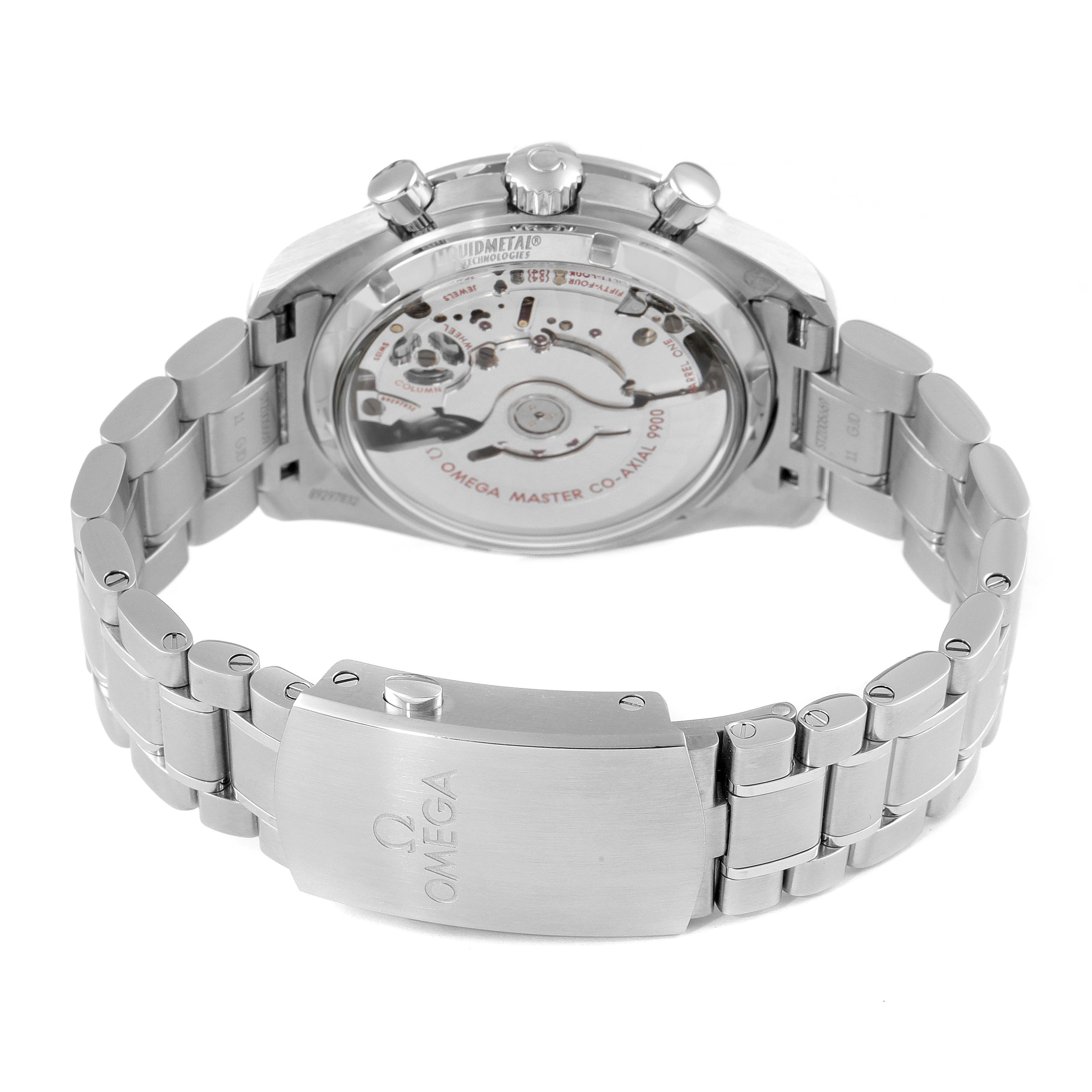 The image shows the back view of the Omega Speedmaster 329.30.44.51.01.001 Men
s Stainless Steel Black Dial 329.30.44.51.01.001 Men
s Stainless Steel Black Dial watch, highlighting its movement and stainless steel bracelet.