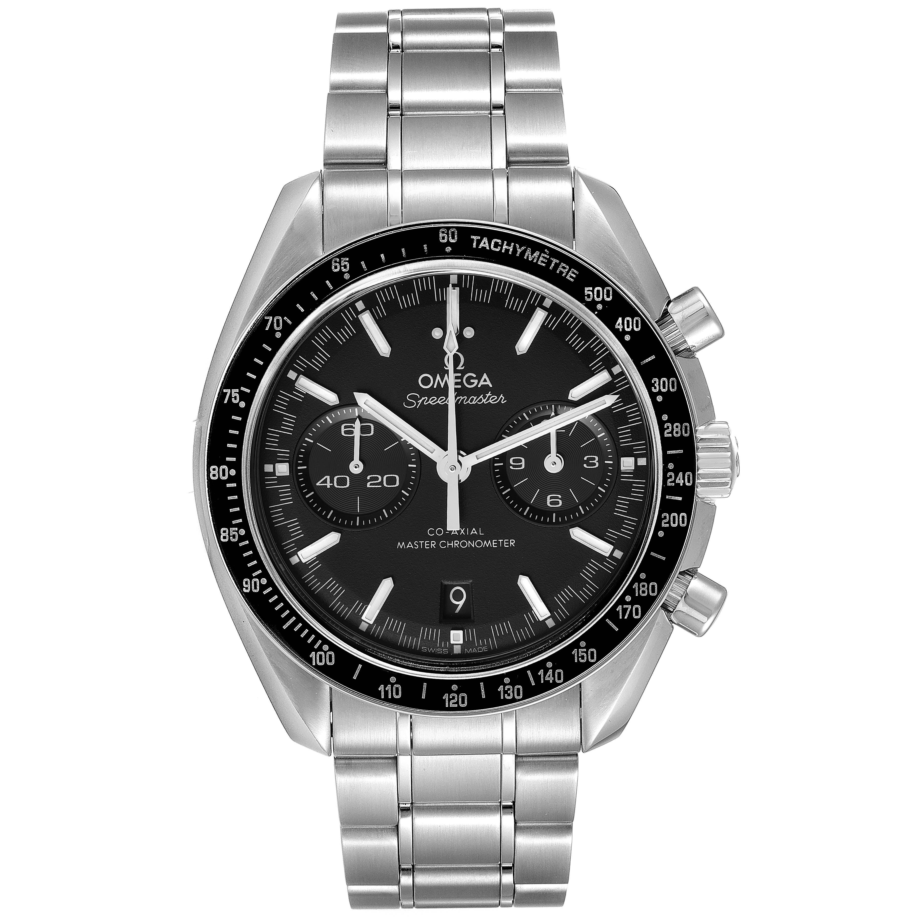 The Omega Speedmaster 329.30.44.51.01.001 Men
s Stainless Steel Black Dial 329.30.44.51.01.001 Men
s Stainless Steel Black Dial watch is shown from a front angle, displaying its face, bezel, and metal band.