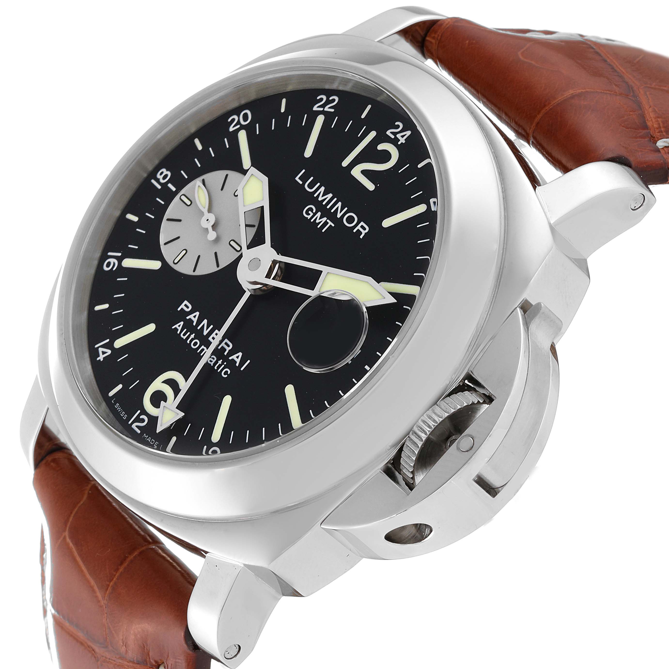 The image shows a Panerai Luminor PAM00088 Men
s Stainless Steel Black Dial PAM00088 Men
s Stainless Steel Black Dial GMT watch at an oblique angle, highlighting its dial, crown guard, and brown leather strap.