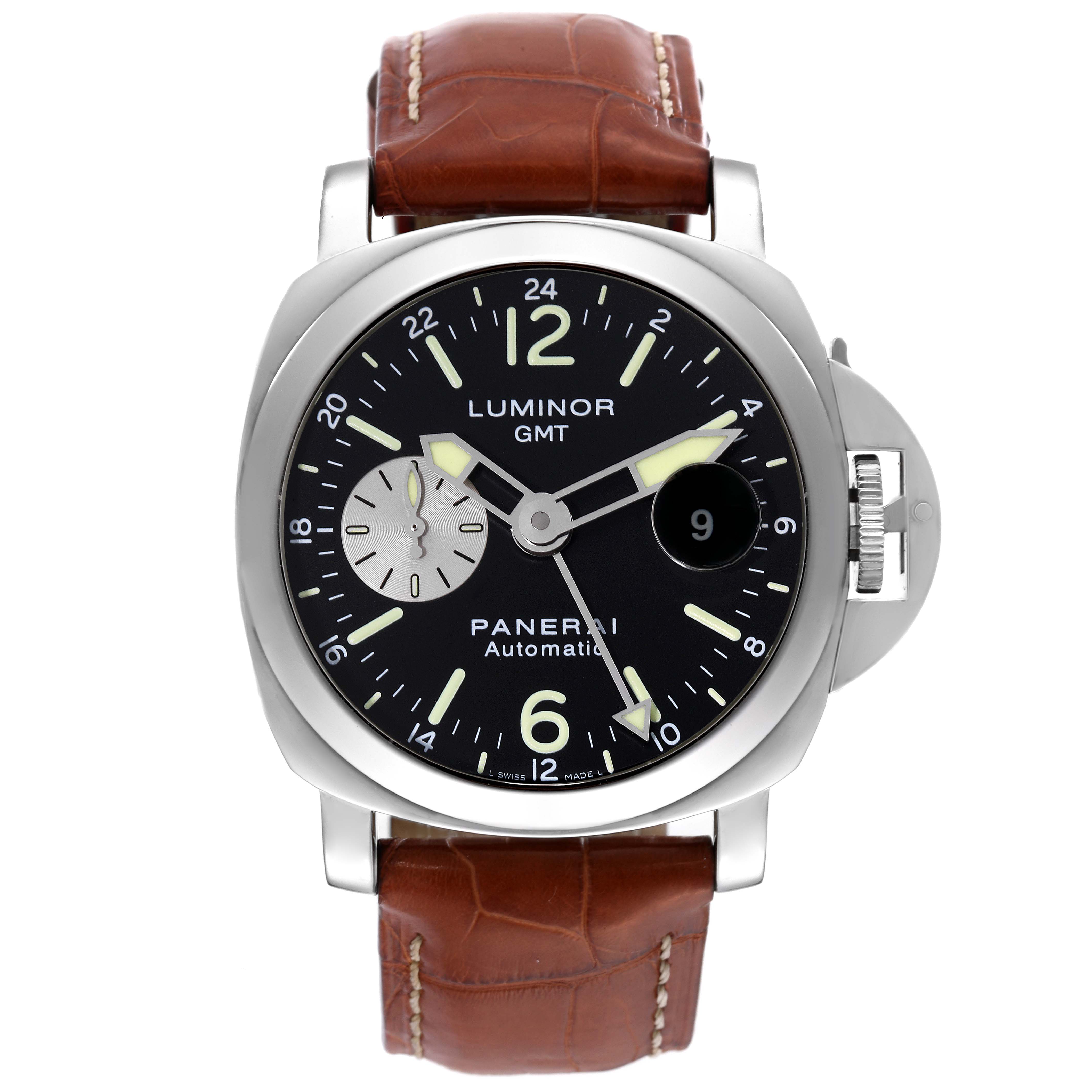 The image shows a front view of a Panerai Luminor PAM00088 Men
s Stainless Steel Black Dial PAM00088 Men
s Stainless Steel Black Dial GMT watch, highlighting its dial, case, and brown leather strap.