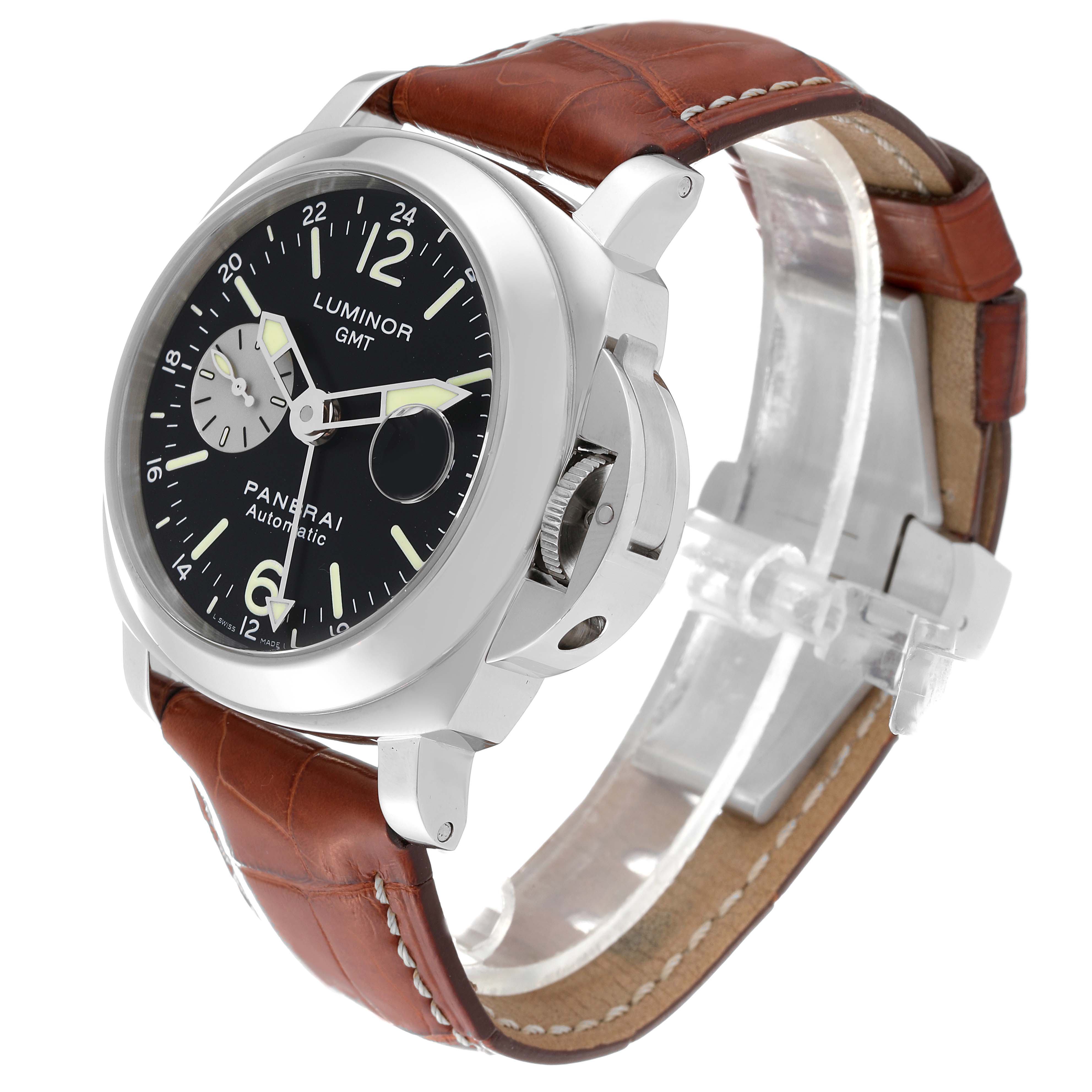 The image shows a Panerai Luminor PAM00088 Men
s Stainless Steel Black Dial PAM00088 Men
s Stainless Steel Black Dial GMT watch angled to display the dial, crown guard, and brown leather strap.